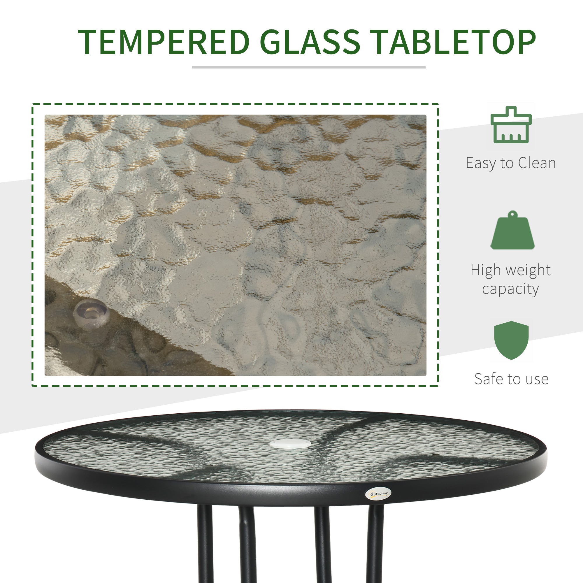 Outsunny Outdoor φ80cm Round Dining Table Tempered Glass Top Steel Frame Bistro Coffee End Side Table Garden w/ Parasol Hole - North Peak Garden Furniture