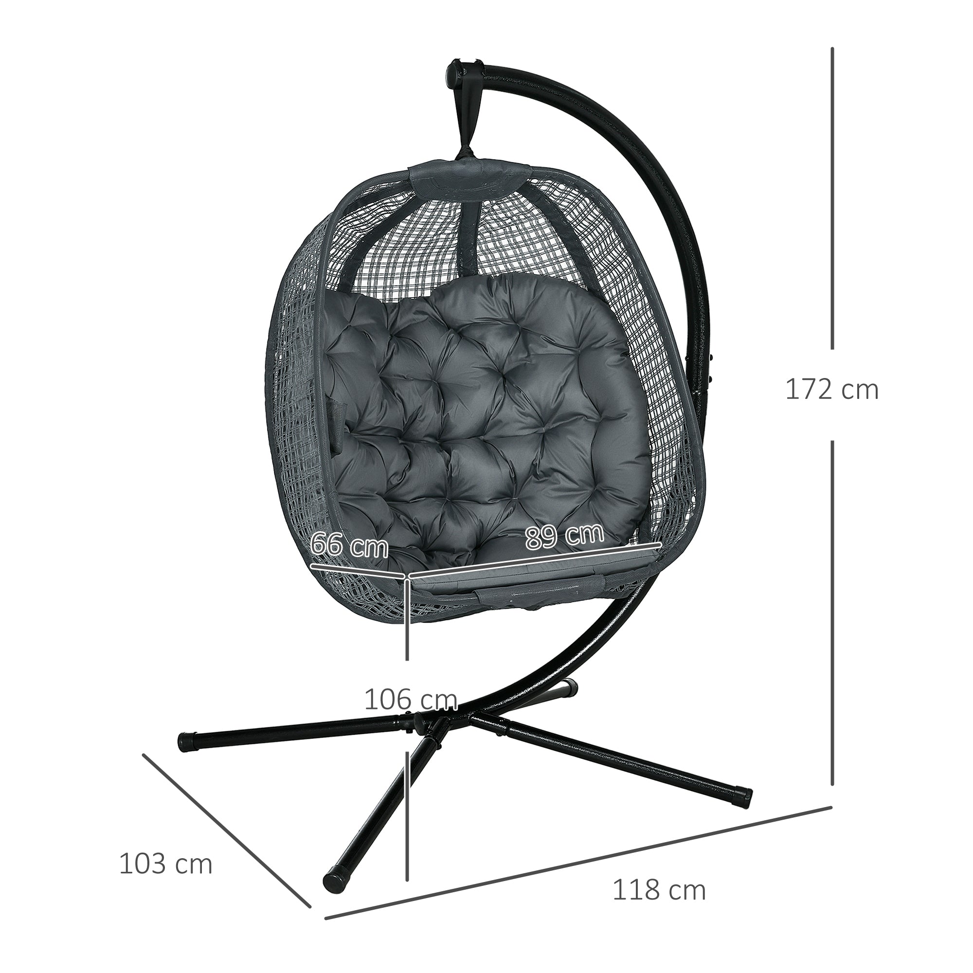 Outsunny Outdoor Swing Chair with Thick Padded Cushion, Patio Hanging Chair with Metal Stand, Egg Chair with Foldable Basket, Cup Holder, for Indoor and Outdoor, Dark Grey - North Peak Garden Furniture