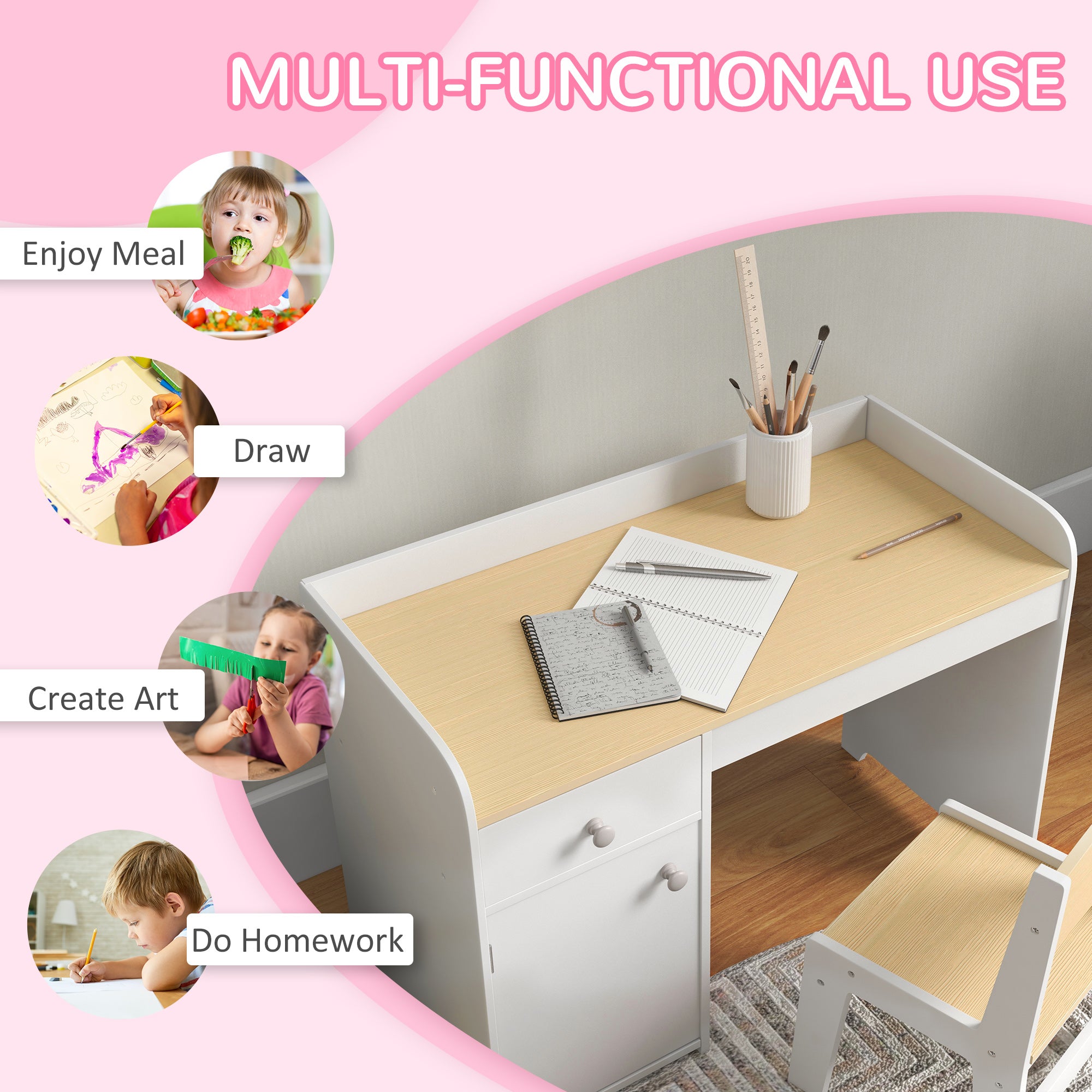ZONEKIZ Kids Desk and Chair Set for 3-6 Years with Storage Drawer, Study Table and Chair for Children - White - North Peak Garden Furniture