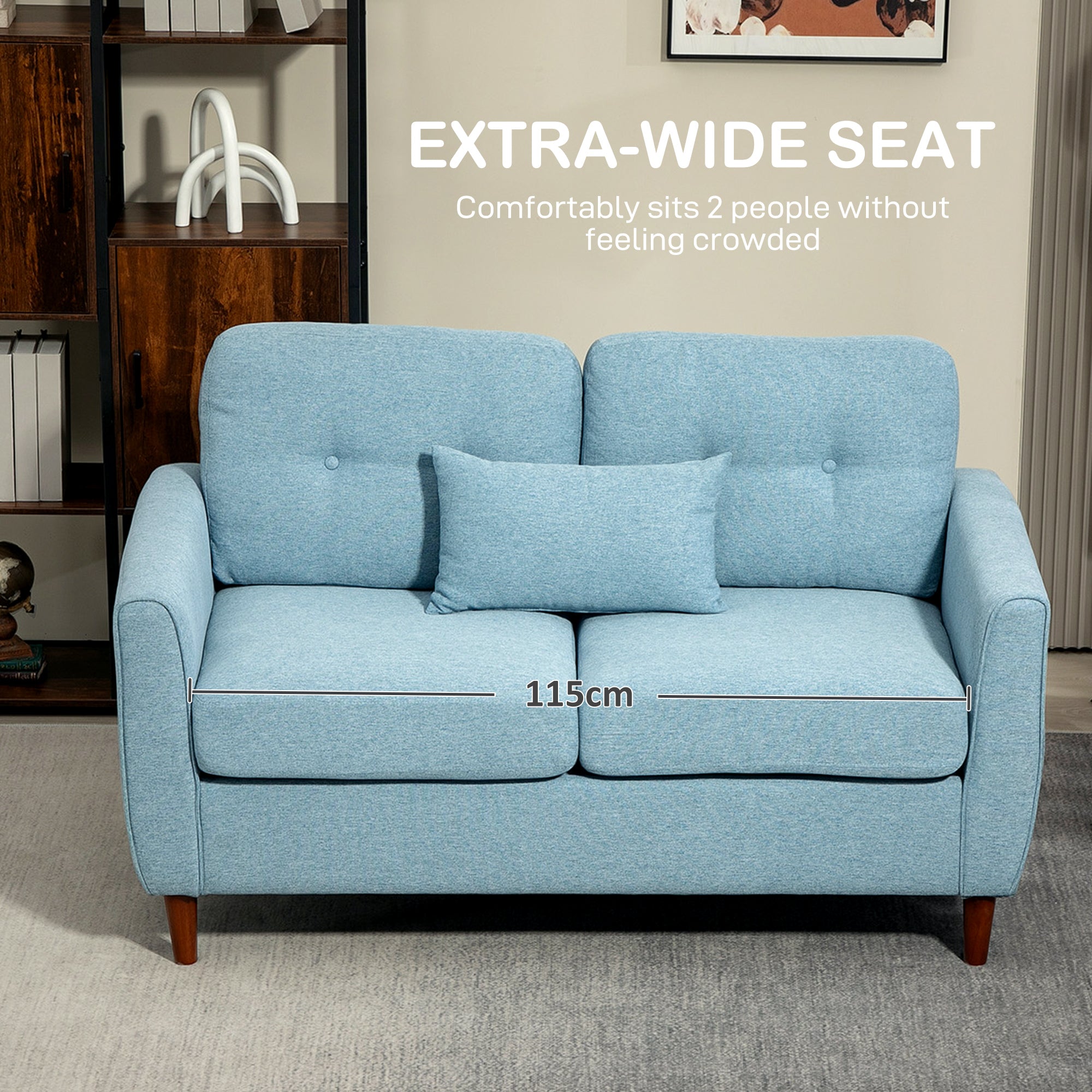 HOMCOM 2 Seater Sofa Double Sofa Loveseat Fabric Wooden Legs Tufted Design for Living Room, Dining Room, Office, Light Blue - North Peak Garden Furniture