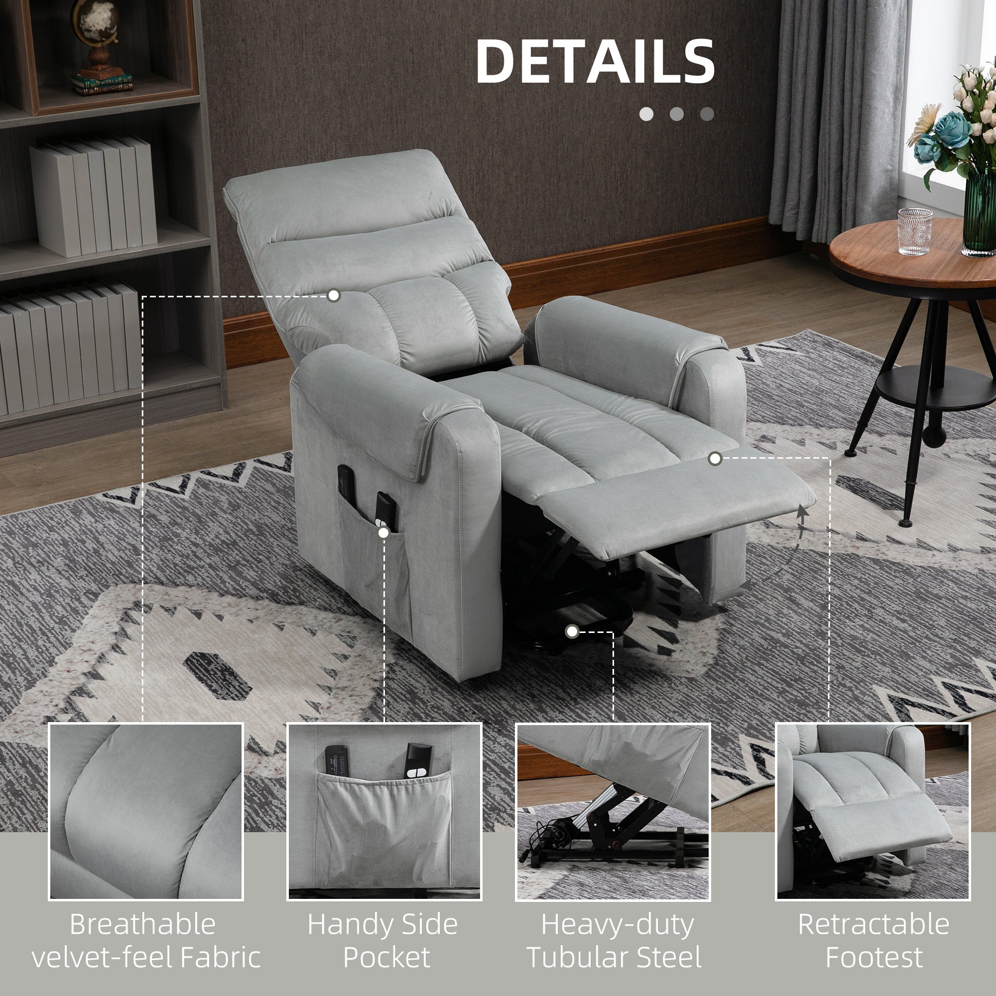 HOMCOM Vibration Massage Rise and Recliner Chair, Electric Power Lift Recliner with Remote Control and Side Pockets, Grey