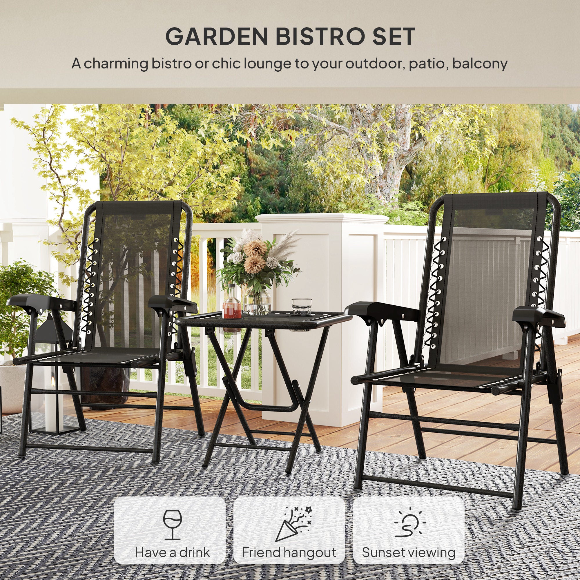 Outsunny Three-Piece Garden Table and Chair Set - Black