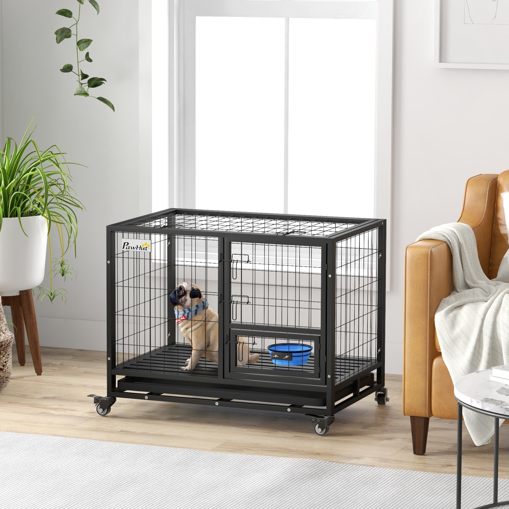 PawHut Heavy Duty Dog Crate on Wheels w/ Bowl Holder, Removable Tray, Openable Top, Detachable Door, for M, L Dogs - North Peak Garden Furniture