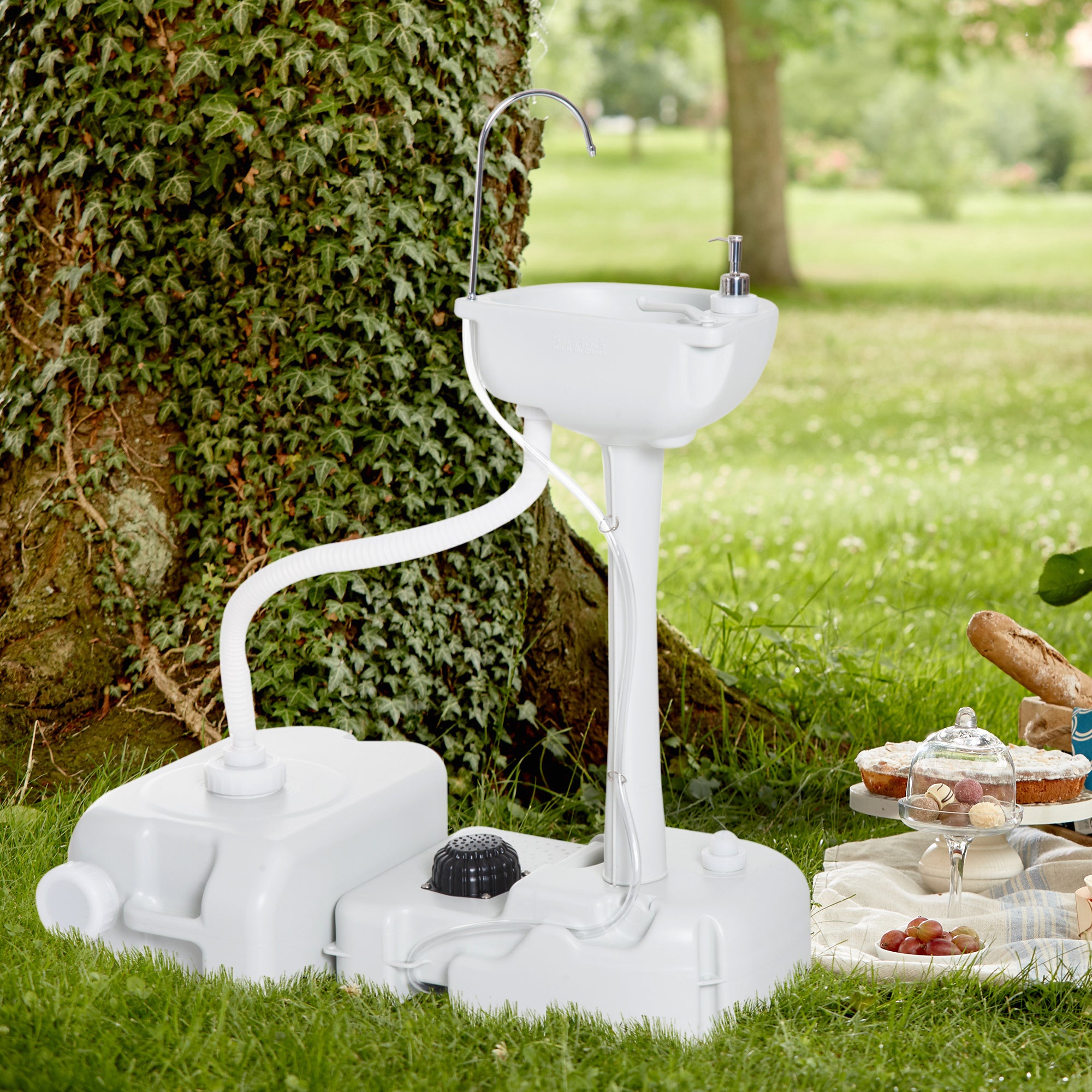 Outsunny Portable Camping Sink with Running Water and Wastewater Tank, Hand Wash Basin with Rolling Wheels, Foot Pump, Soap Dispenser for Outdoor Events, Gatherings, Picnic - North Peak Garden Furniture