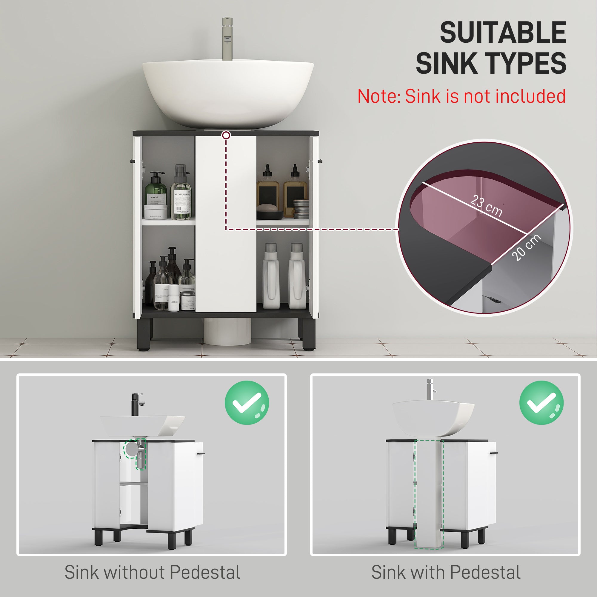 HOMCOM Under Sink Bathroom Cabinet, Modern Under Sink Cabinet with Adjustable Shelf for Basin with or without Pedestal, 60 x 34 x 70cm, High Gloss White