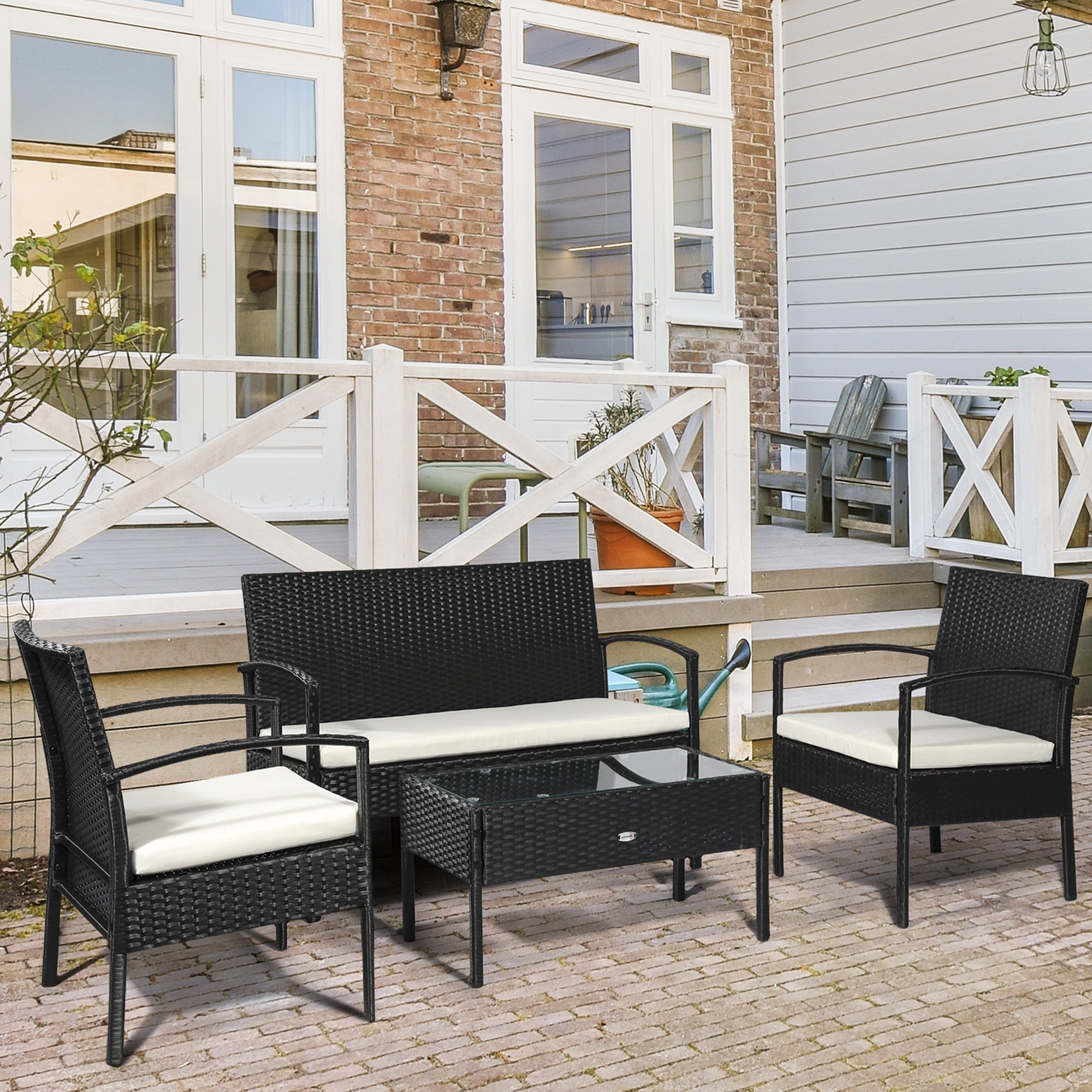 Outsunny 4 Pieces Outdoor PE Rattan Corner Sofa with Cushions, Rattan Garden Furniture Conservatory Sofa Set with Armchairs, Loveseat and Glass Top Table, Black - North Peak Garden Furniture