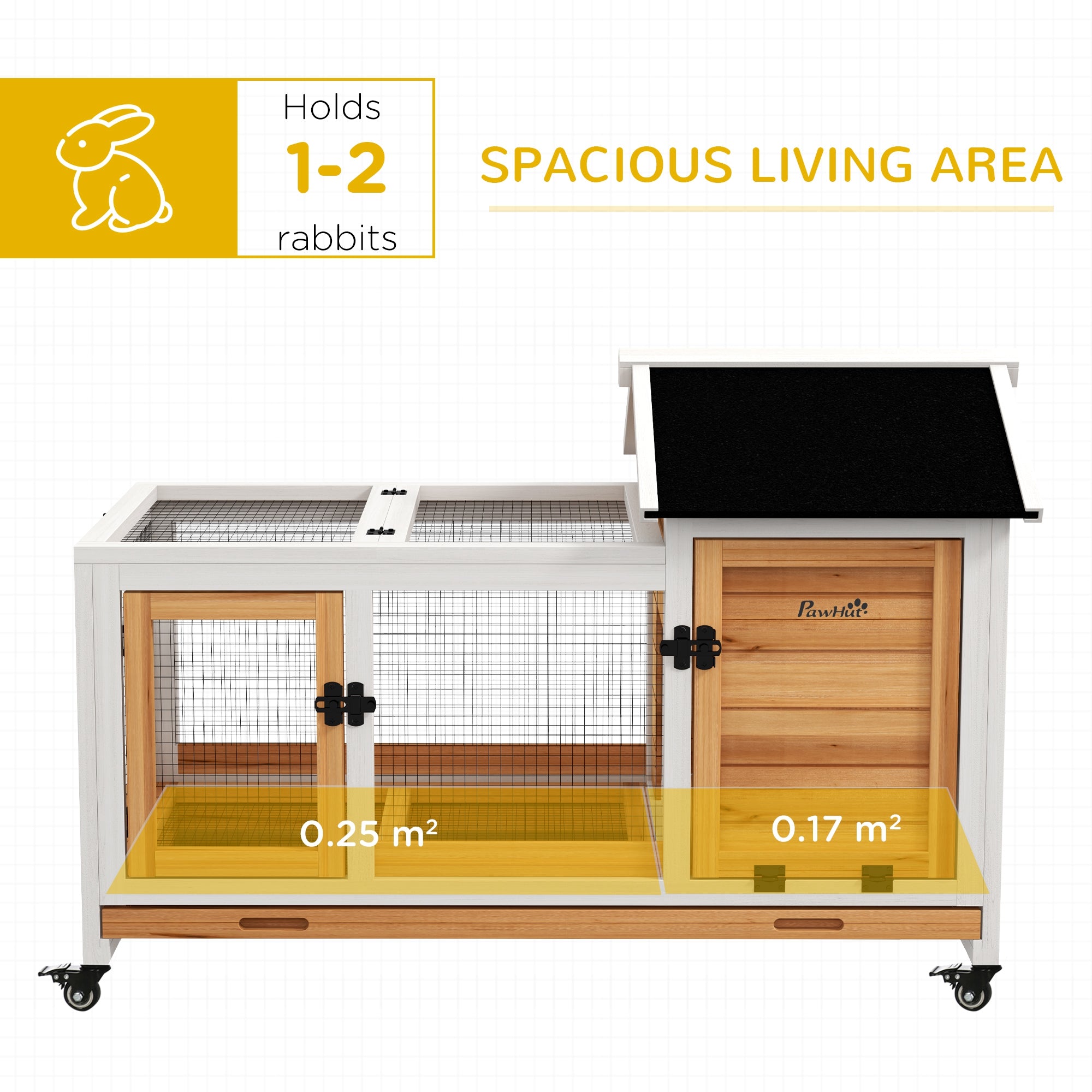 PawHut Wooden Rabbit Hutch, Guinea Pig Cage, with Removable Tray, Wheels - Yellow - North Peak Garden Furniture