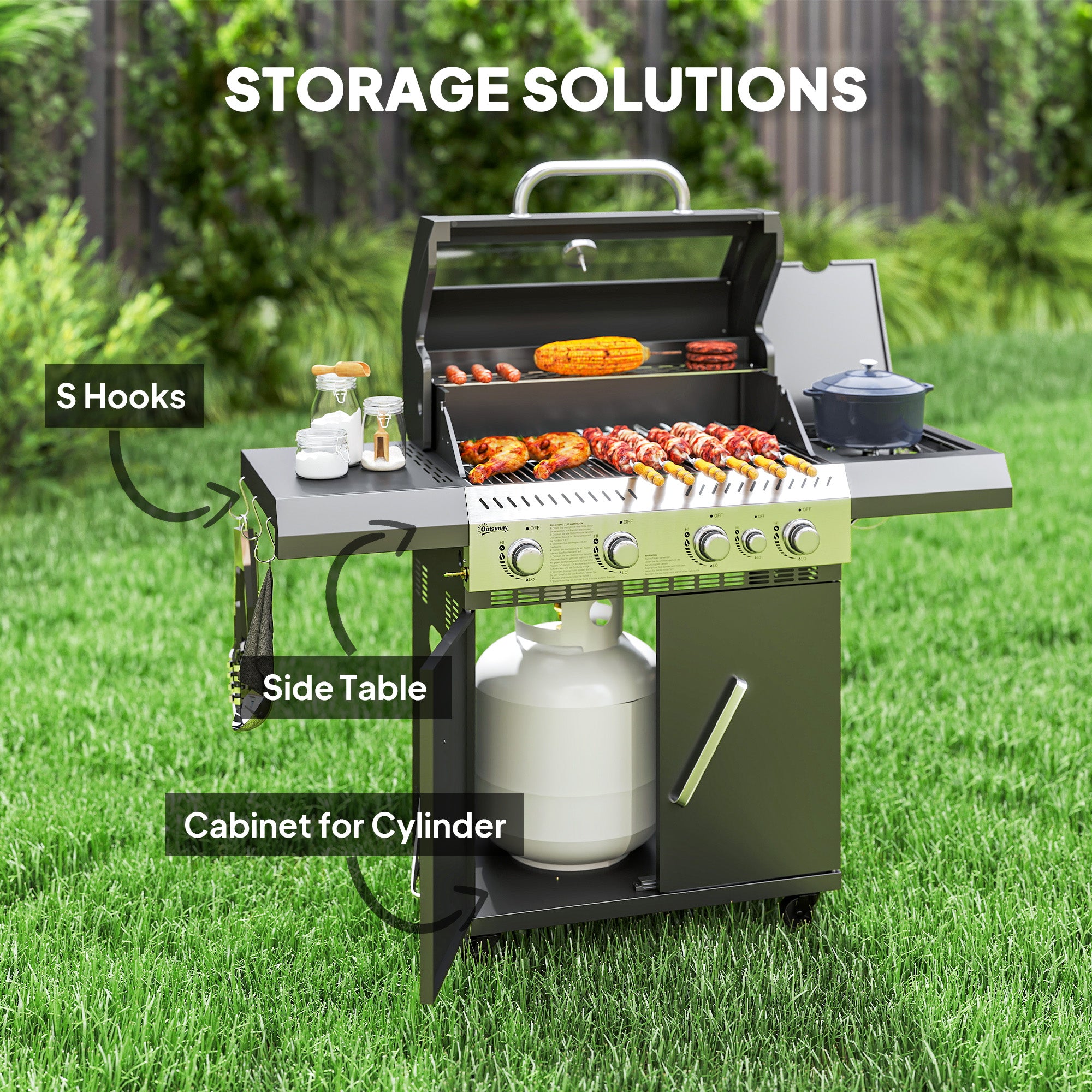 Outsunny 4+1 Burner Gas BBQ Grill with Clear View Lid, Portable Gas Barbecue Grill with Built-in Thermometer, Side Table, Cabinet, Wheels, Grease Tray for Garden Party Outdoor Cooking, Black - North Peak Garden Furniture