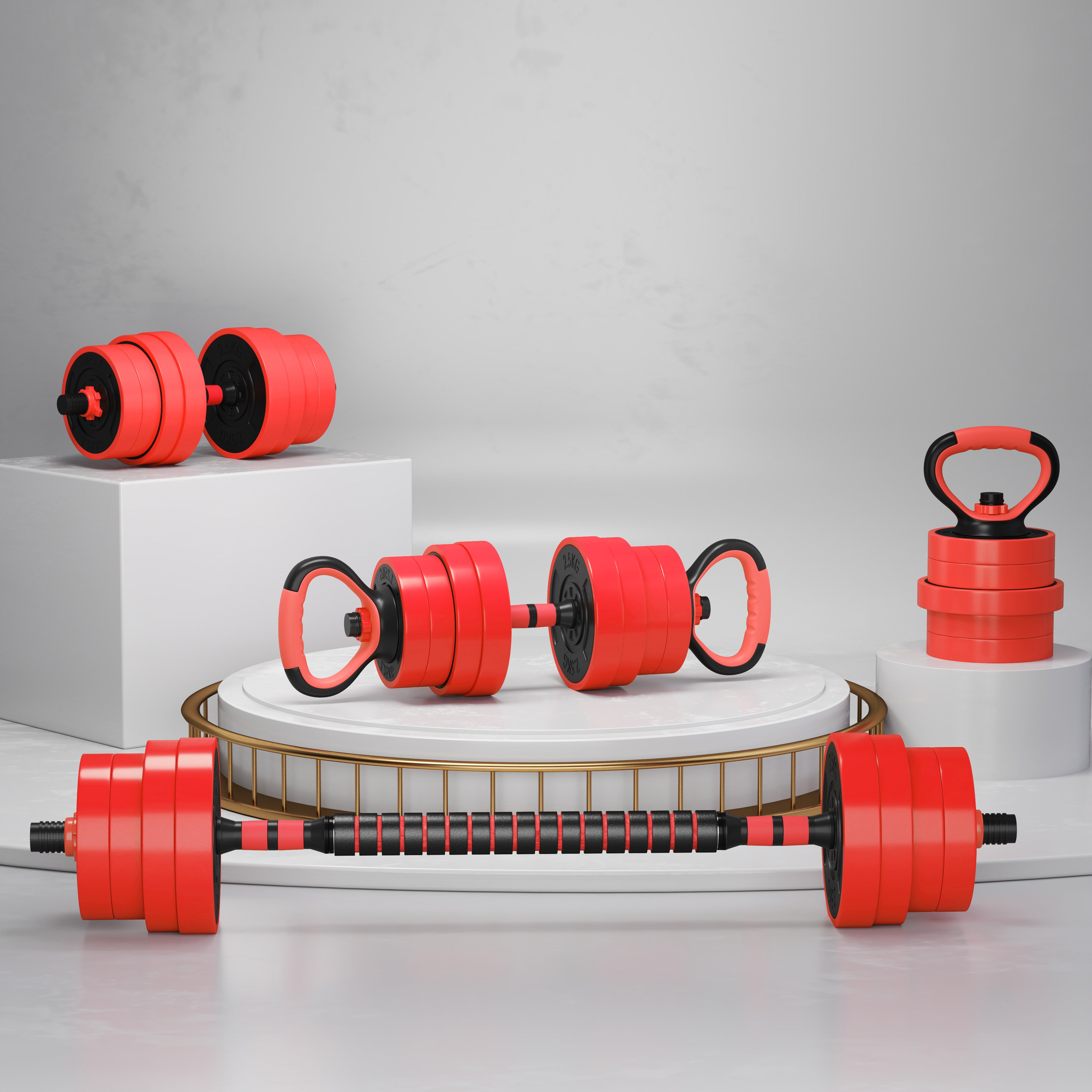 SPORTNOW 30kg Four-In-One Adjustable Weight Dumbbells Set, Barbell, Kettlebell, Push Up Stand - Red - North Peak Garden Furniture