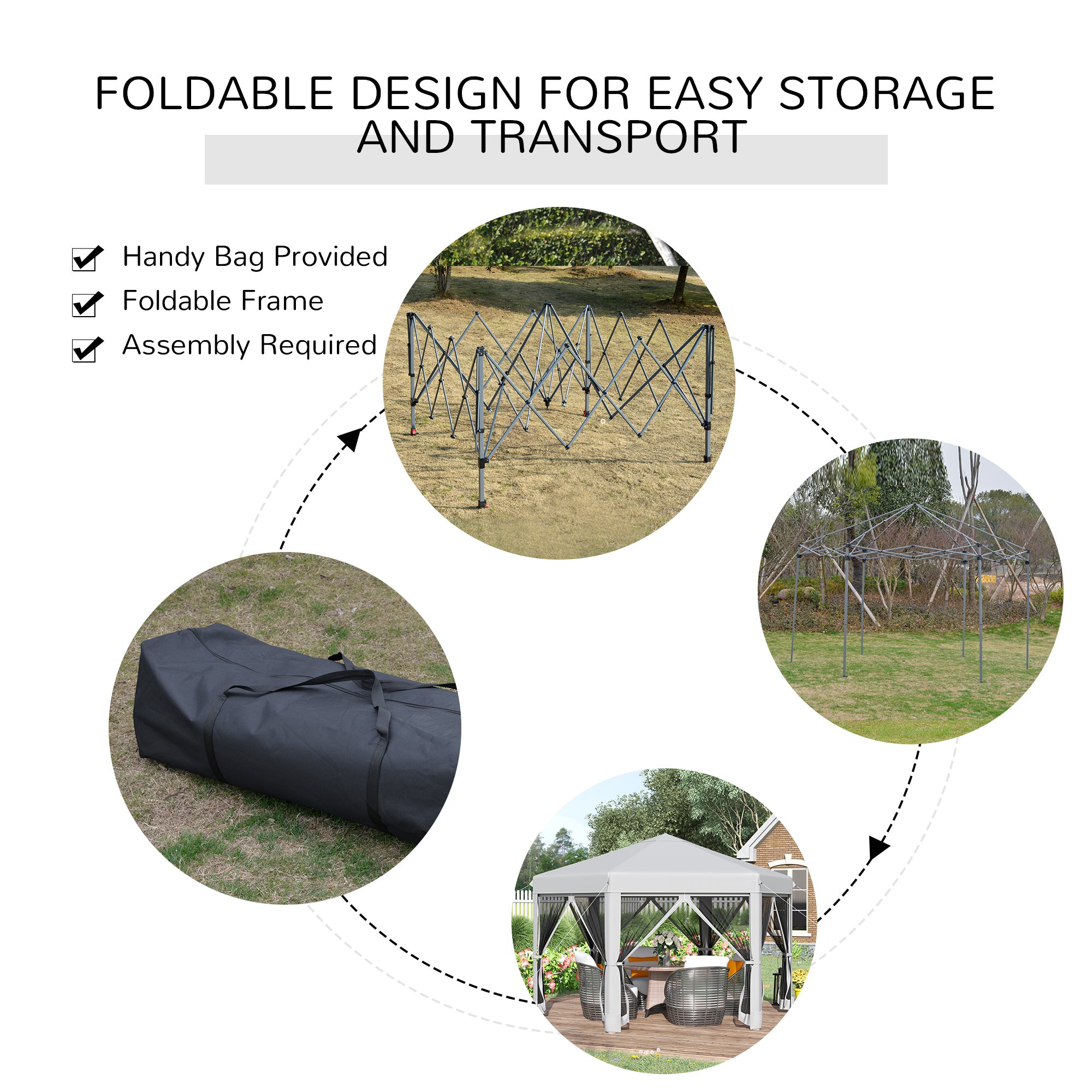 Outsunny 3.2m Pop Up Gazebo Hexagonal Canopy Tent Outdoor Sun Protection with Mesh Sidewalls, Handy Bag, Light Grey - North Peak Garden Furniture