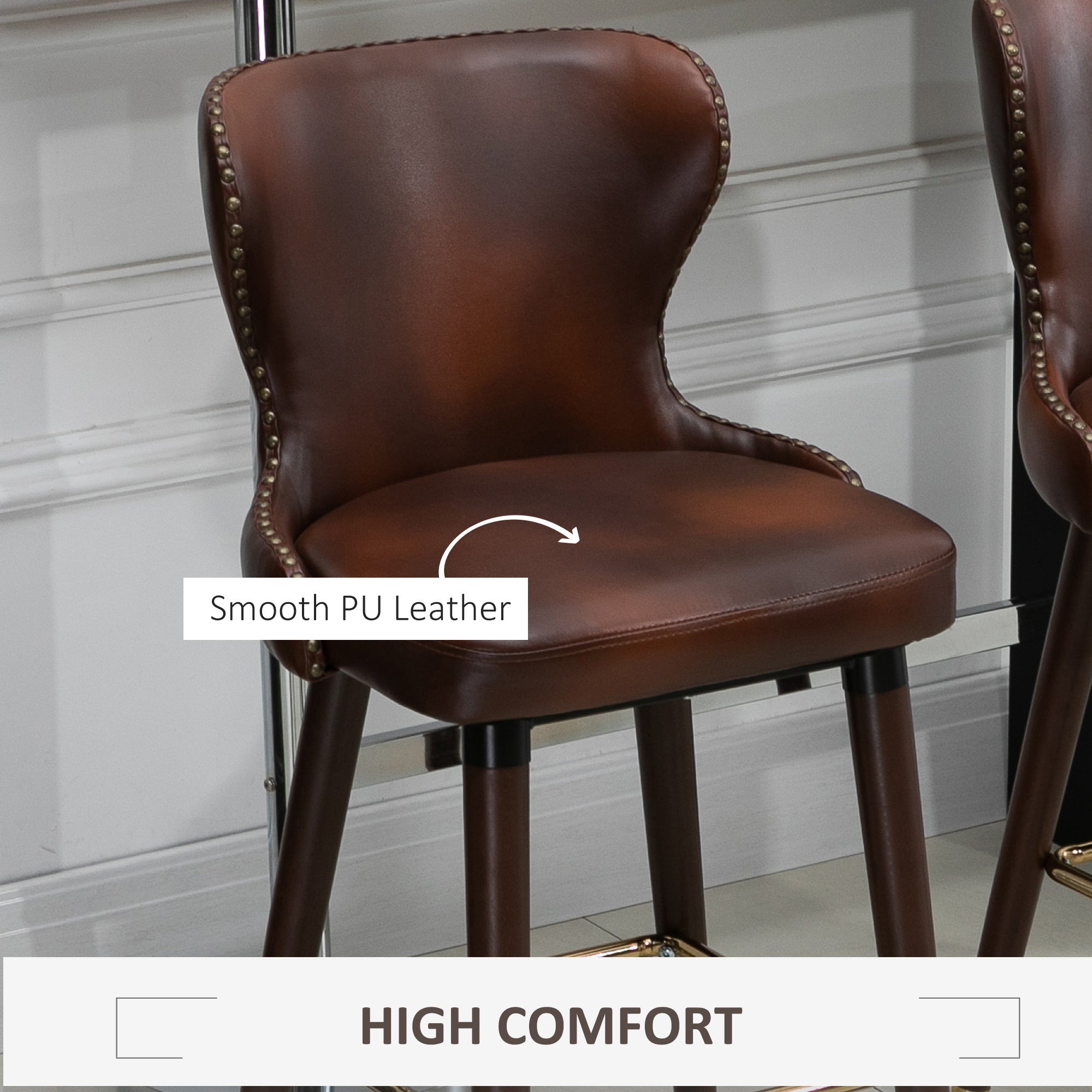 HOMCOM Bar Stools Set of 2, PU Leather Vintage Counter-Height Bar Chair, Luxury European Style Kitchen Stools with Back, Brown - North Peak Garden Furniture