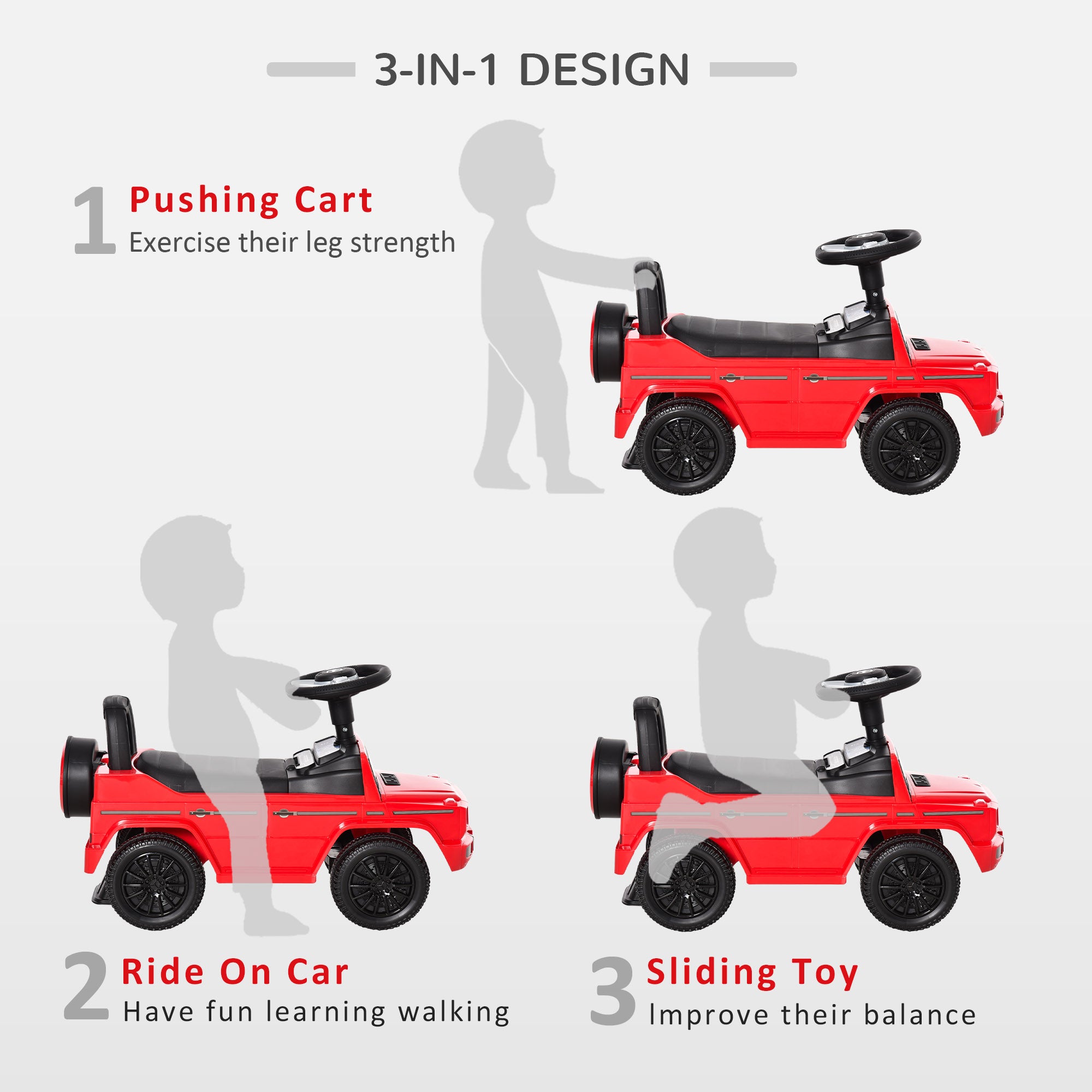 HOMCOM 3 in 1 Kids Ride On Car G350 Licensed Foot To Floor Slider Toddler Push Along NO POWER Red 12-36 months - North Peak Garden Furniture