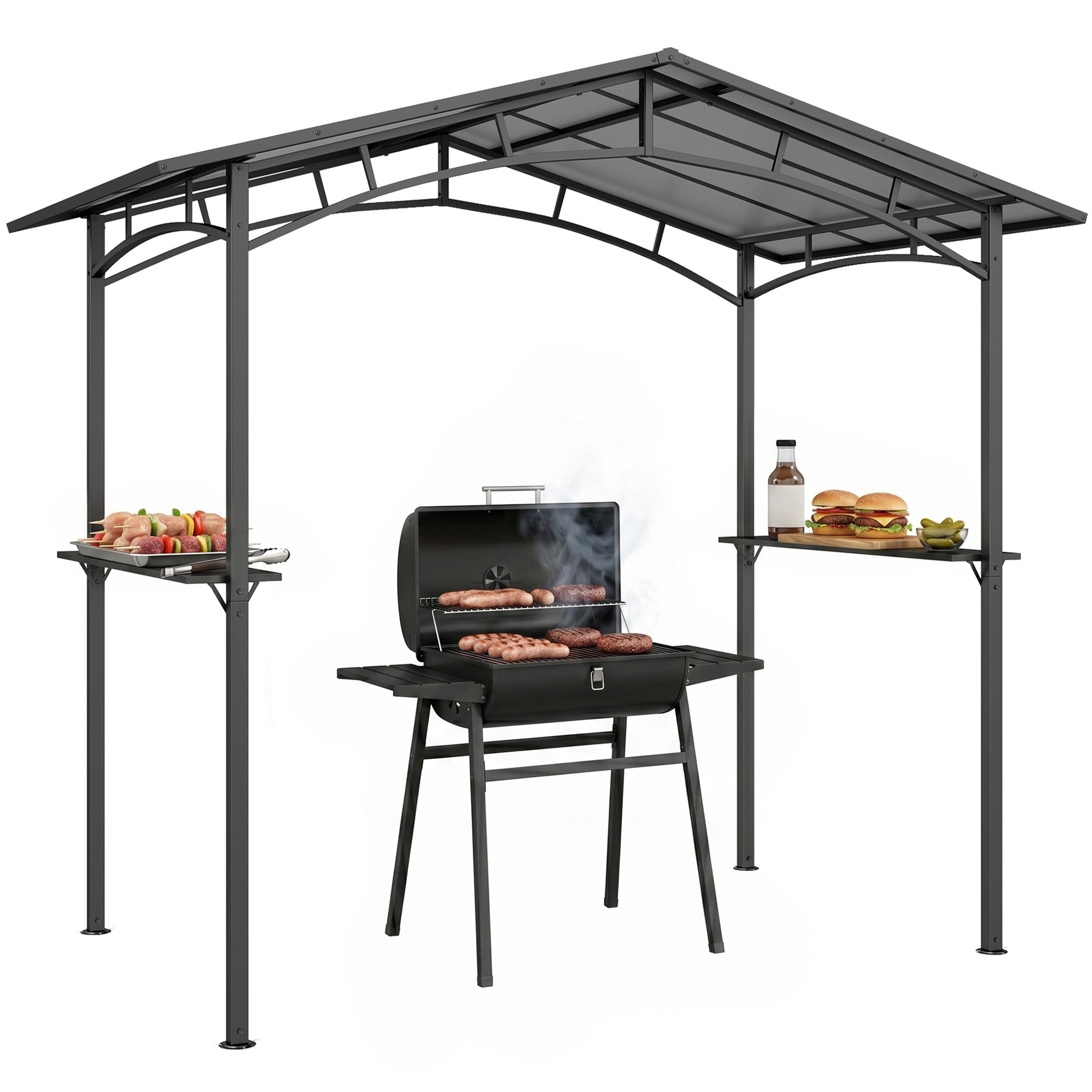 Outsunny 8ft x 5ft Outdoor BBQ Protective Gazebo Tent Aluminium Steel Frame w/ 2 Shelves Hardtop Roof Canopy Ground Stakes Safe Cooking