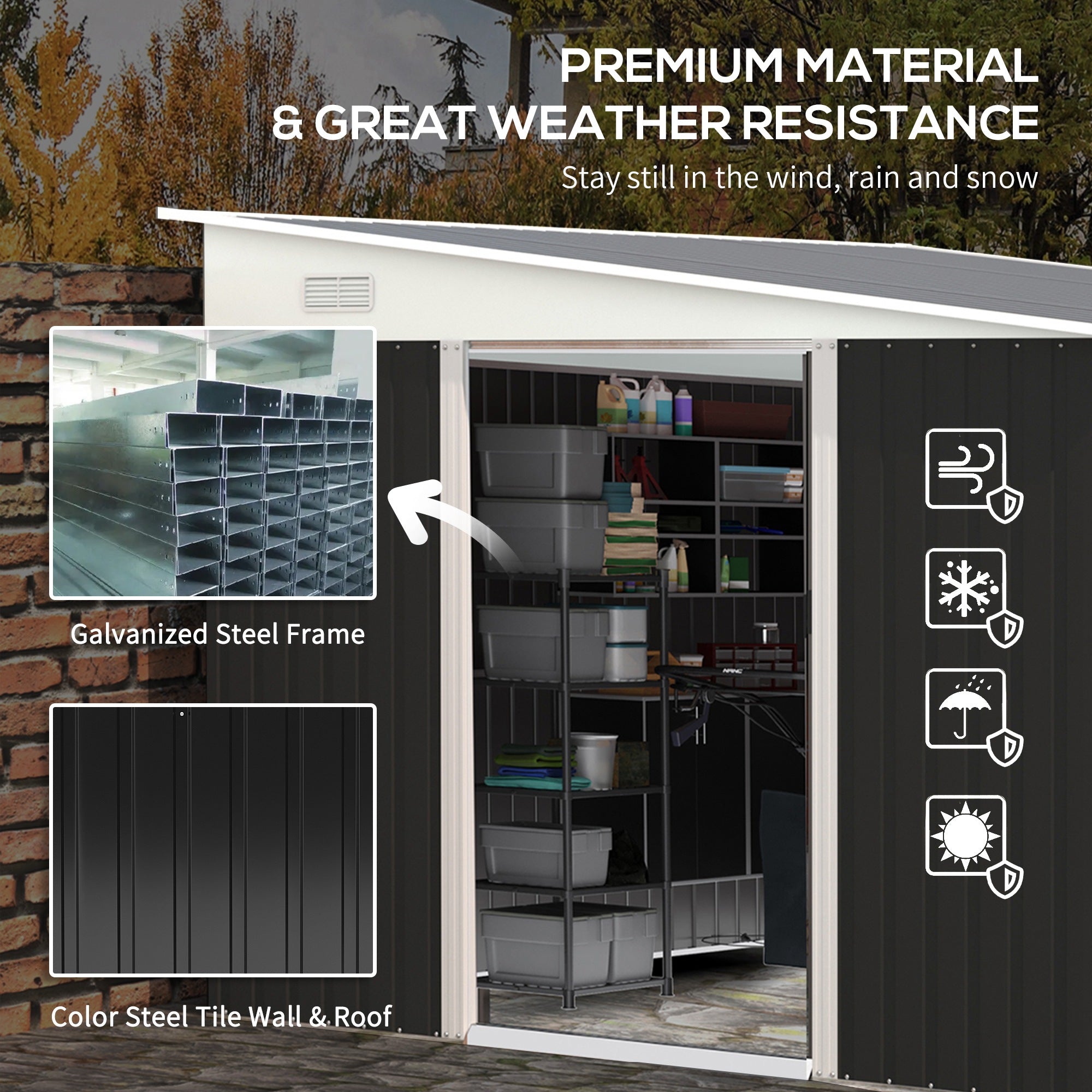 Outsunny 3.3 x 2.68m Corrugated Metal Shed - Black - North Peak Garden Furniture