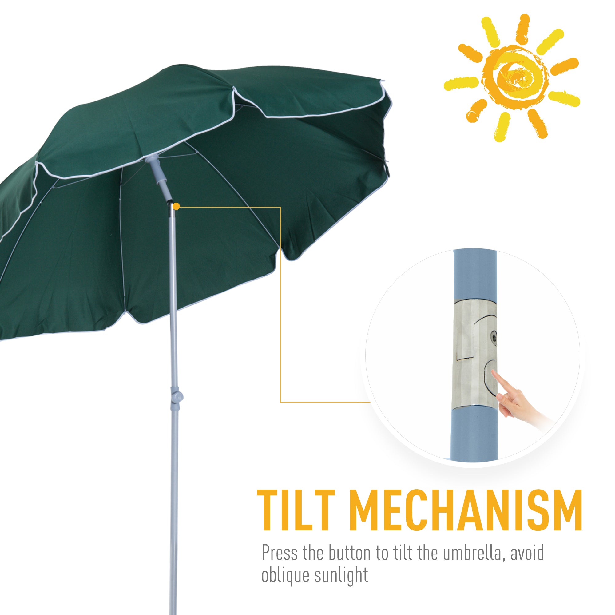 Outsunny 2.2m Beach Umbrella, Portable Parasol with Tilting Function, Outdoor Sunshade Shelter with 8 Ribs, Green - North Peak Garden Furniture