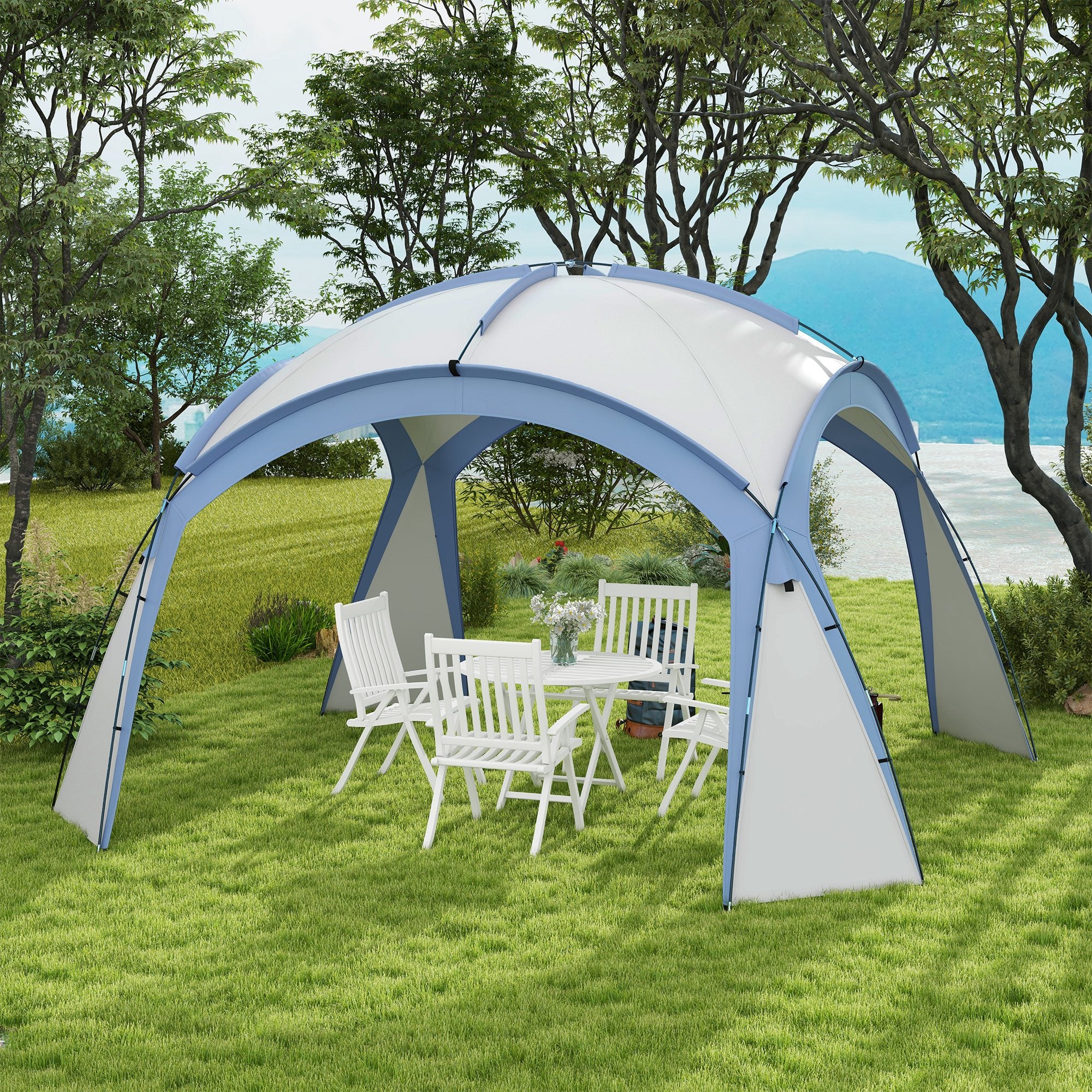 Outsunny 3.5 x 3.5M Camping Gazebo, Outdoor Event Shelter Dome Tent Garden Sun Shelter Patio Spire Arc Pavilion Camp Sun Shade, Light Blue - North Peak Garden Furniture
