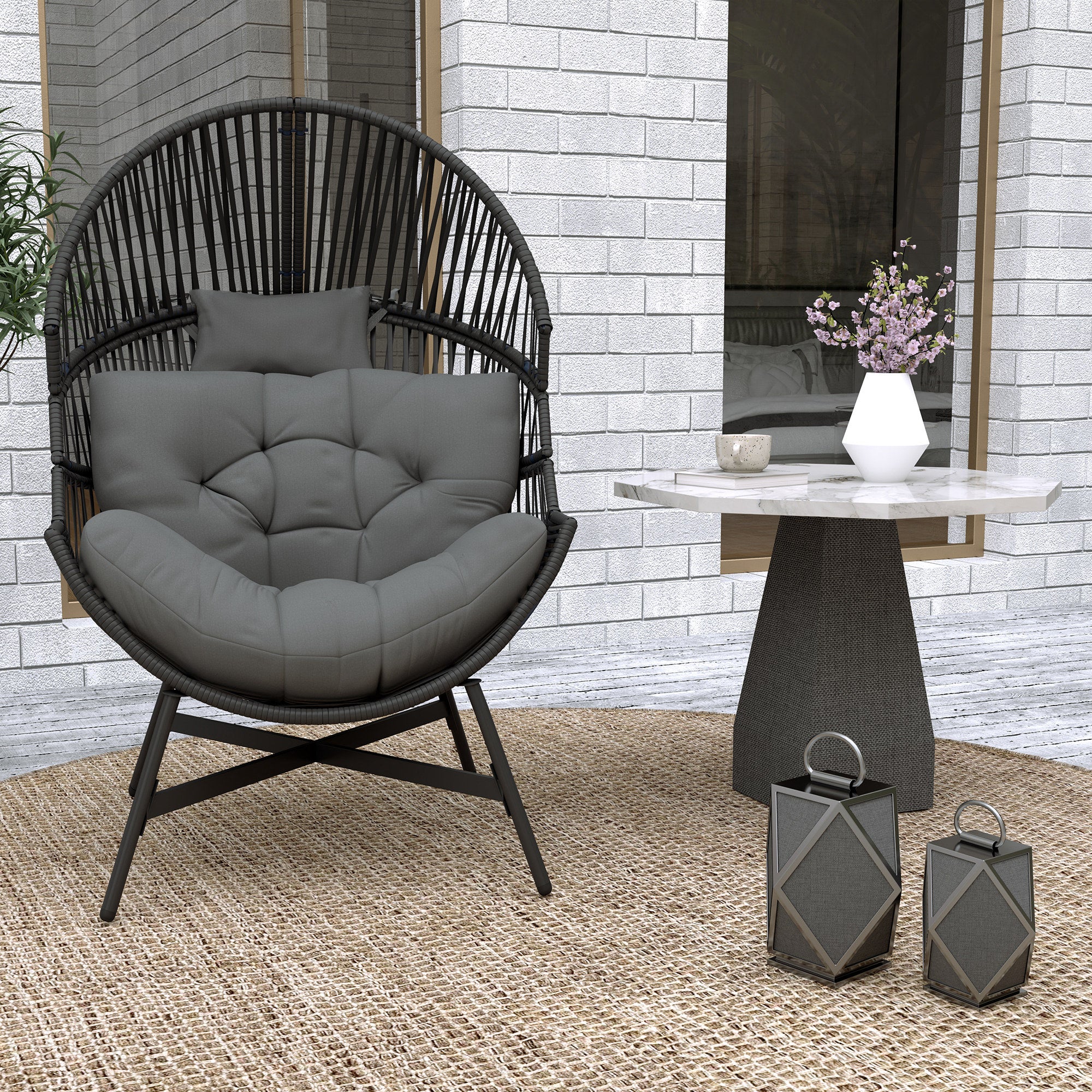 Outsunny Standing Rattan Egg Chair Outdoor, Oversized Wicker Garden Egg Chair with Thick Tufted Cushion, Headrest, Steel Frame, Charcoal Grey - North Peak Garden Furniture