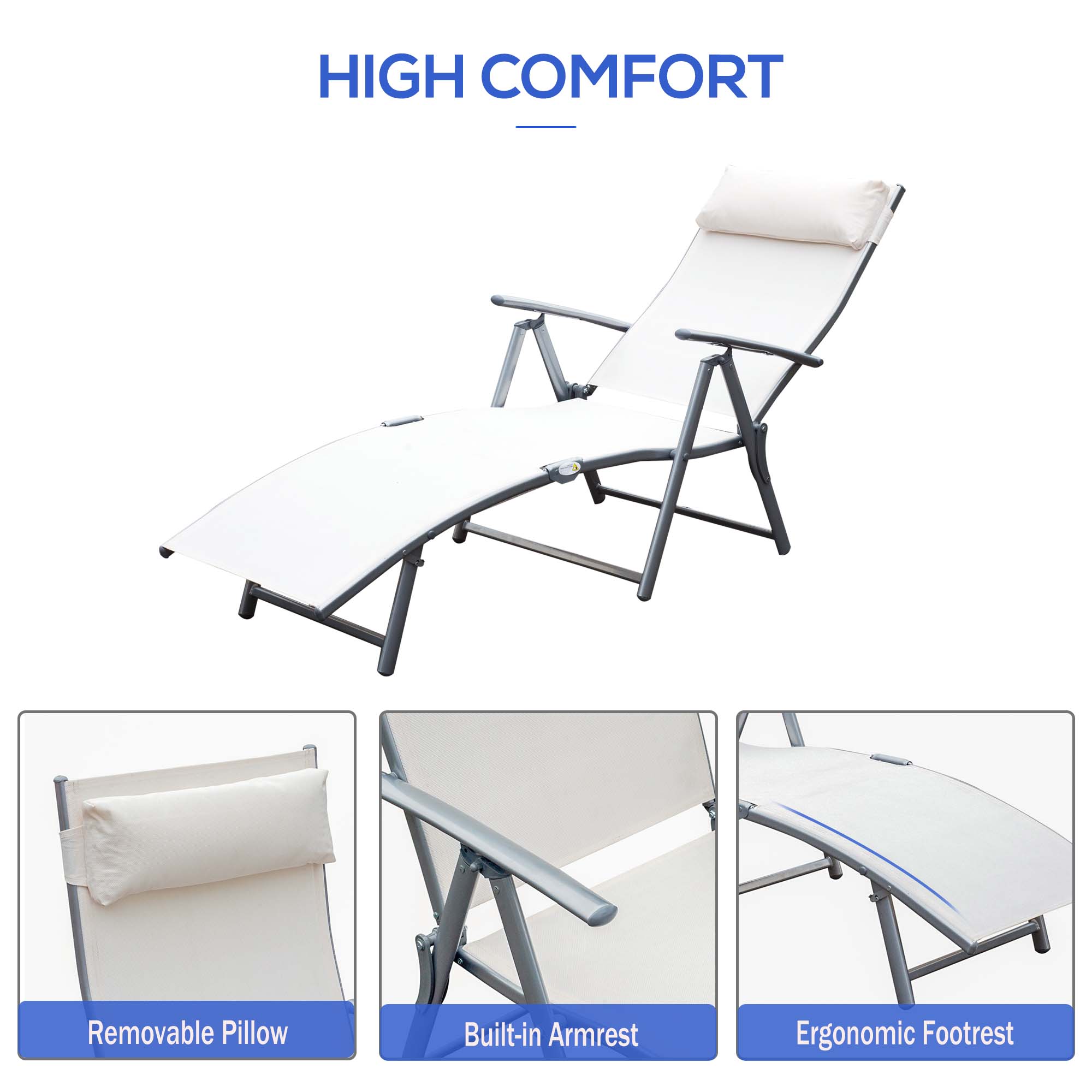 Outsunny Sun Lounger Steel Frame Outdoor Folding Chaise Texteline Lounge Chair Recliner with Headrest & 7 Levels Adjustable Backrest, Cream White