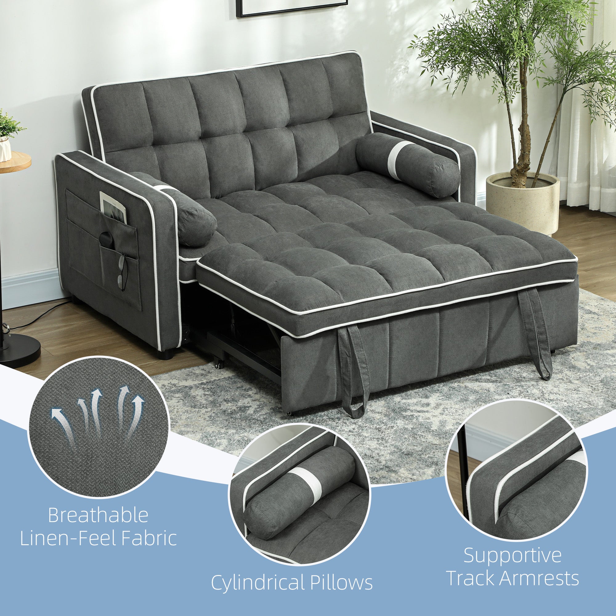 HOMCOM Two-Seater Linen-Look Sofa Bed - Charcoal Grey - North Peak Garden Furniture