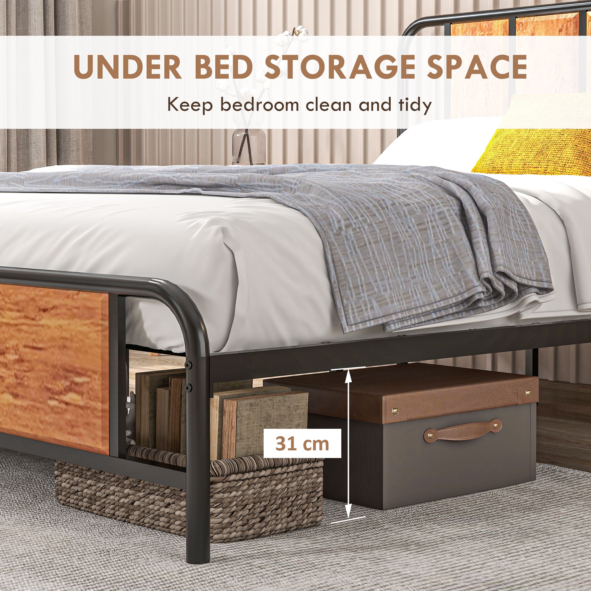 HOMCOM 5.2ft King Bed Frame with Industrial Wood Headboard, Steel Slat Support and 31cm Underbed Storage Space, 160 x 207cm, Rustic Brown - North Peak Garden Furniture