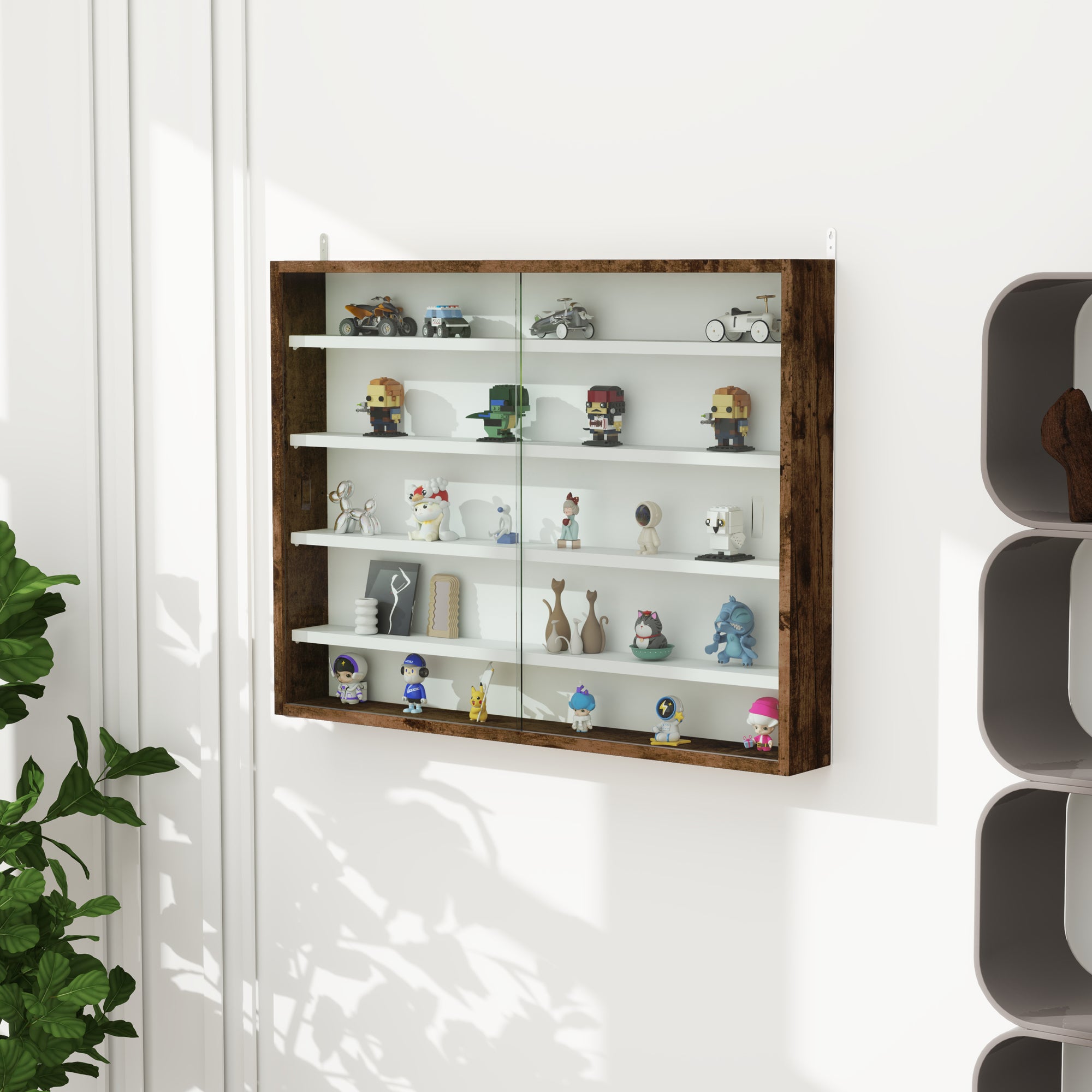 HOMCOM 5-Tier Wall Display Shelf Unit Cabinet w/ 4 Adjustable Shelves Glass Doors Home Office Ornaments 60x80cm Rustic brown - North Peak Garden Furniture