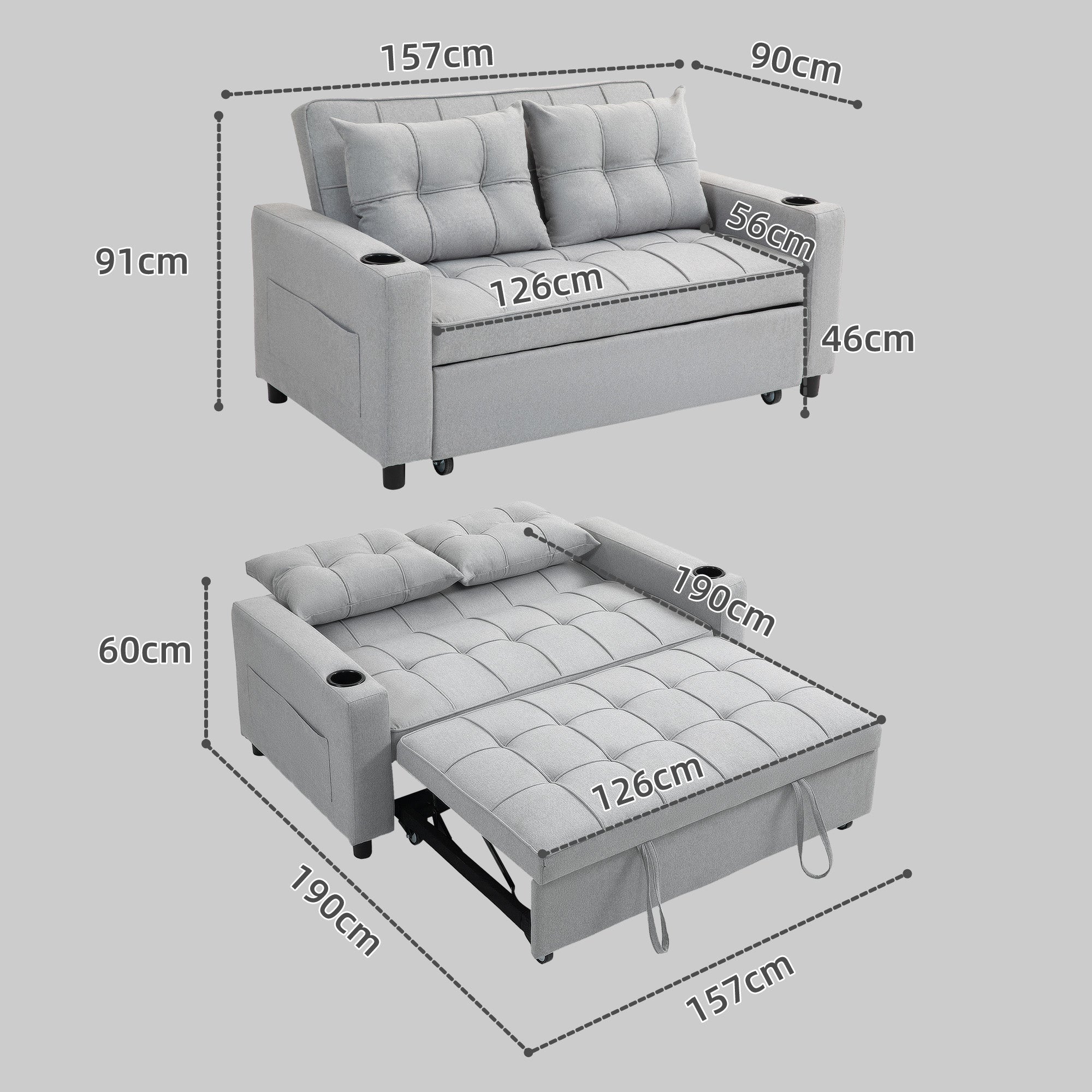 HOMCOM Two-Seater Pull-Out Sofa Bed - Light Grey - North Peak Garden Furniture