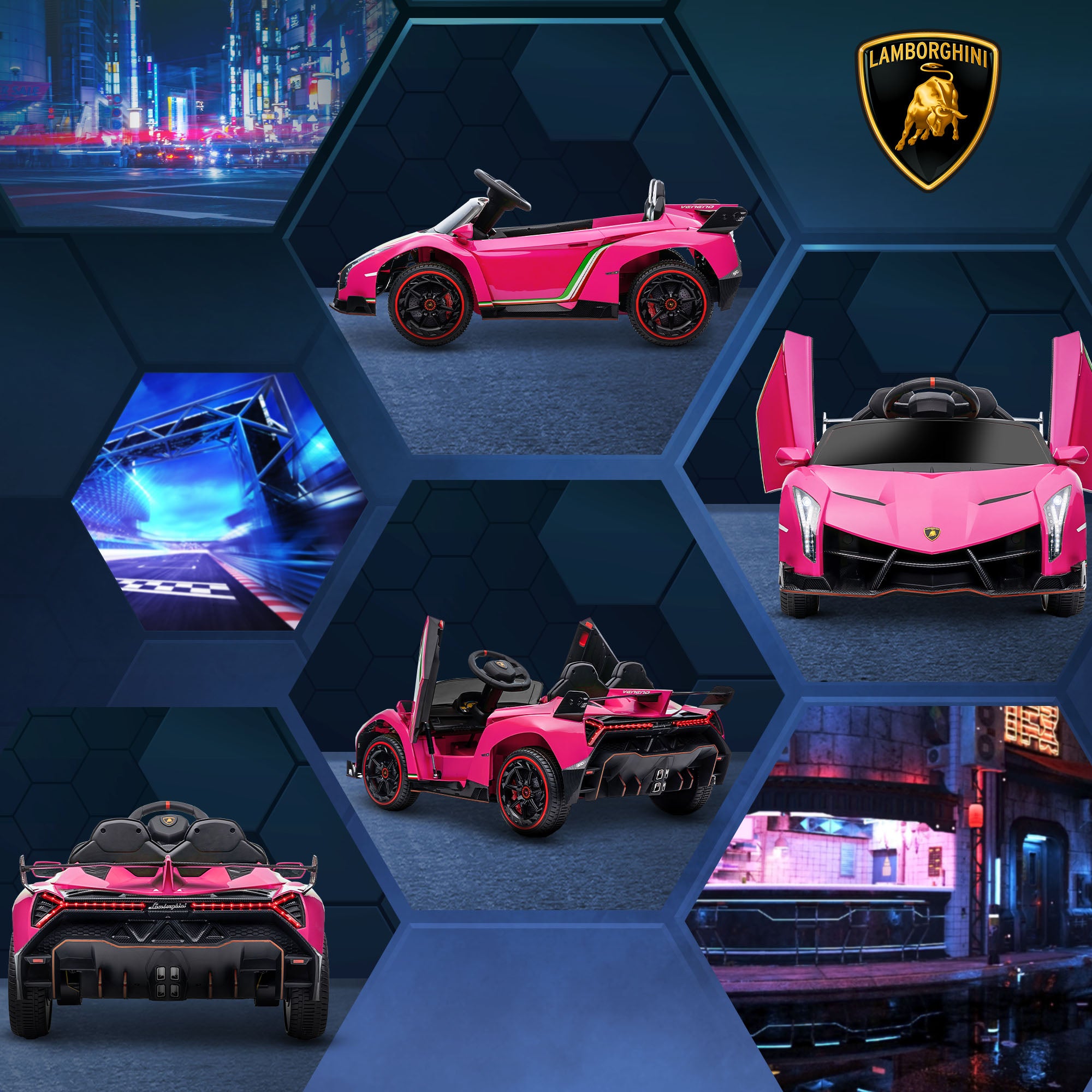 HOMCOM Lamborghini Veneno Licensed Electric Ride-On Car, with Remote, Music, Horn - Pink - North Peak Garden Furniture