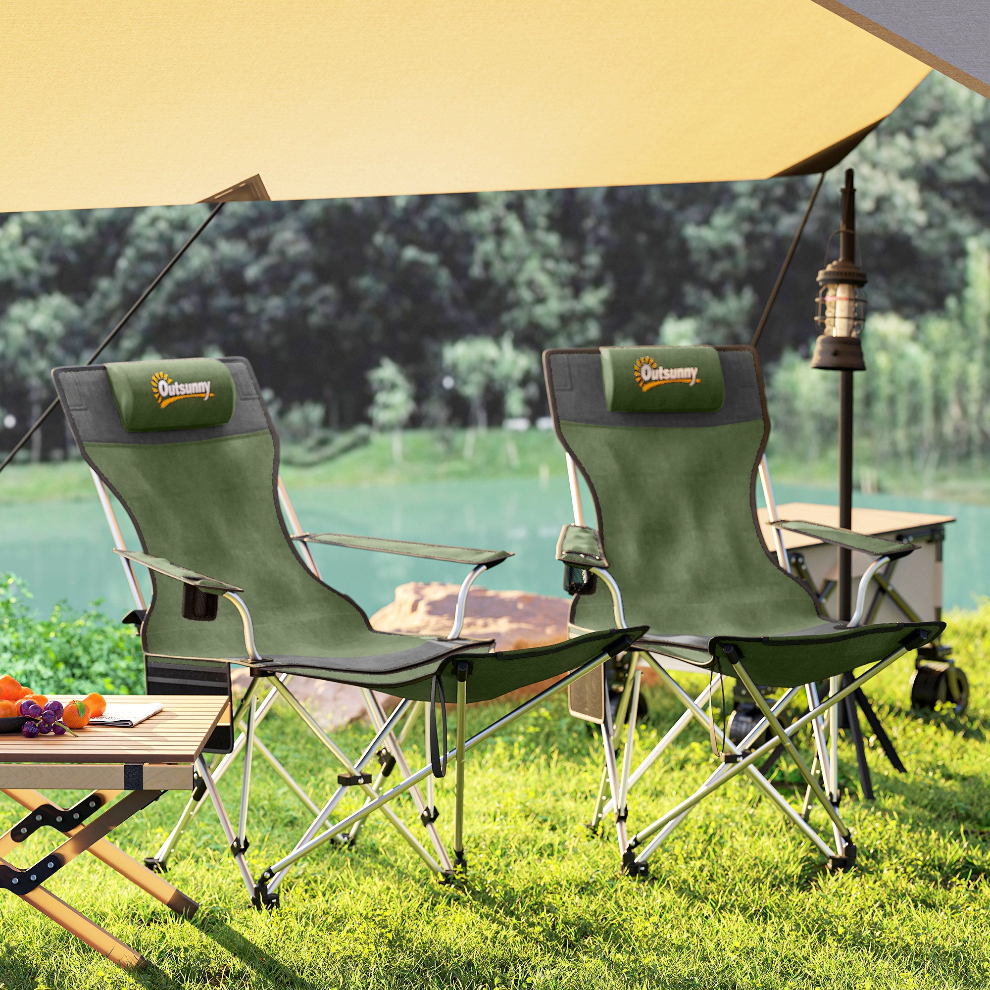 Outsunny Set of 2 Reclining Folding Camping Chair w/ Detachable Footrest, Storage Bag, Cup Holder & Headrest, Lightweight Portable Camp Chair for Beach, Picnic, Olive Green and Grey - North Peak Garden Furniture