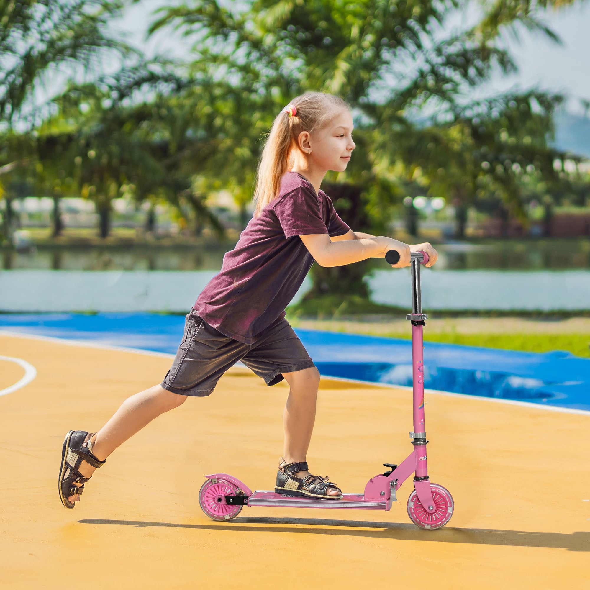 HOMCOM Kids Scooter, with Lights, Music, Adjustable Height, Foldable Frame, for Ages 3-7 Years - Pink - North Peak Garden Furniture