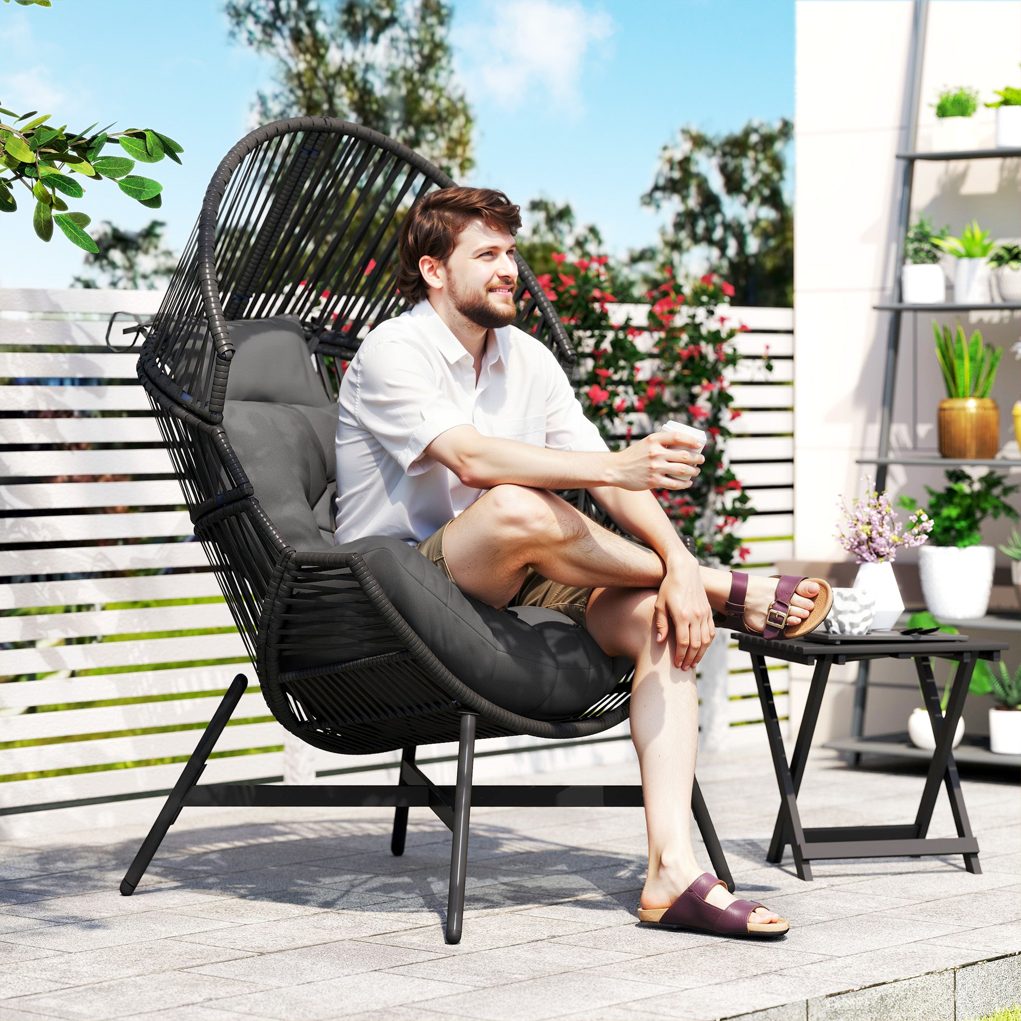 Outsunny Standing Rattan Egg Chair Outdoor, Oversized Wicker Garden Egg Chair with Thick Tufted Cushion, Headrest, Steel Frame, Charcoal Grey