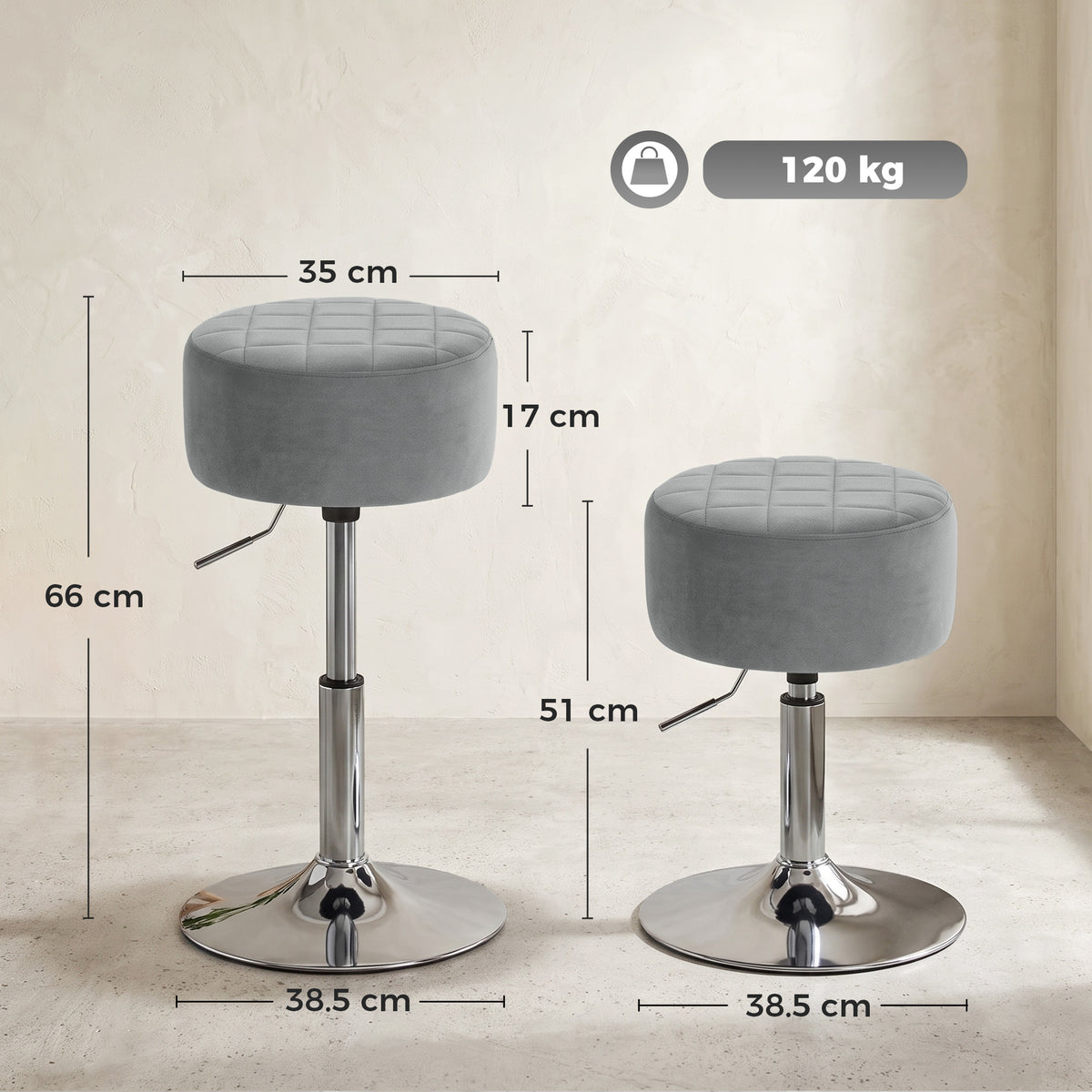 HOMCOM Bar Stool Adjustable Swivel Chair Velvet-Feel Seat 1 Piece, Grey
