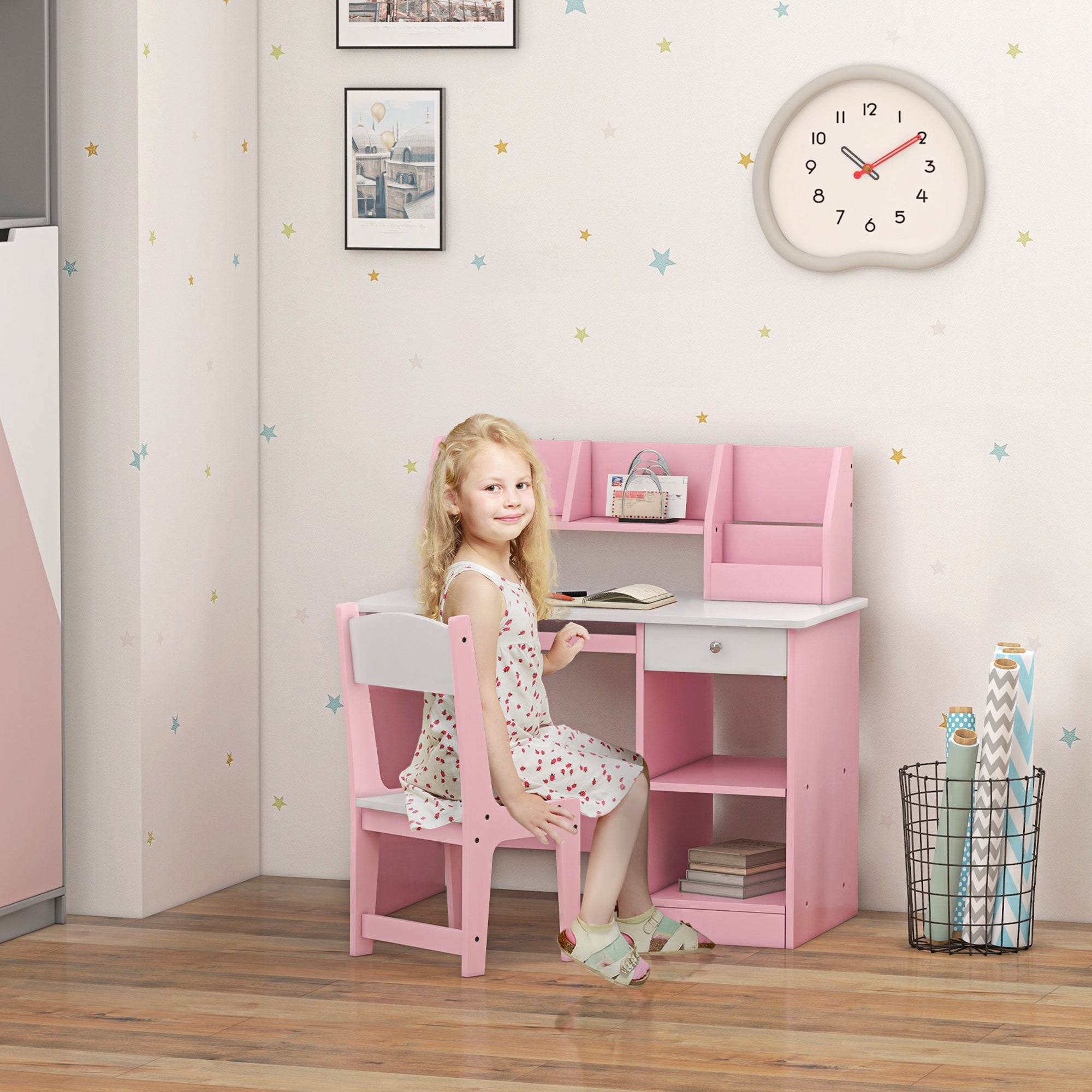 ZONEKIZ Two-Piece Kids Desk and Chair Set with Storage, for Ages 5-8 Years - Pink - North Peak Garden Furniture