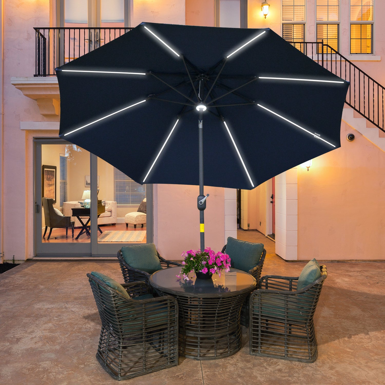 Outsunny 2.7m Garden Parasol Sun Umbrella w/ LED Solar Light Angled Canopy Blue - North Peak Garden Furniture
