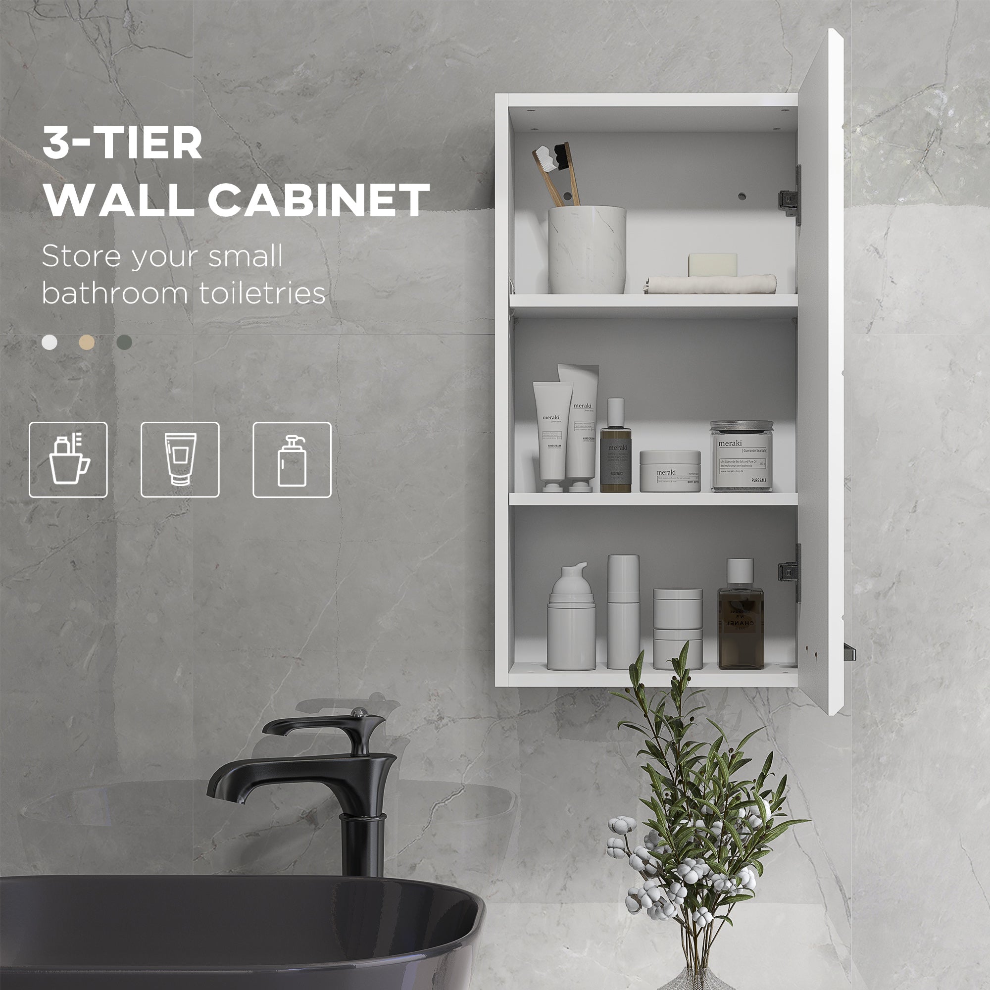 kleankin Bathroom Wall Cabinet, High Gloss Bathroom Storage Cabinet with Soft-Close Door, 3 Shelves, Adjustable Shelf, White