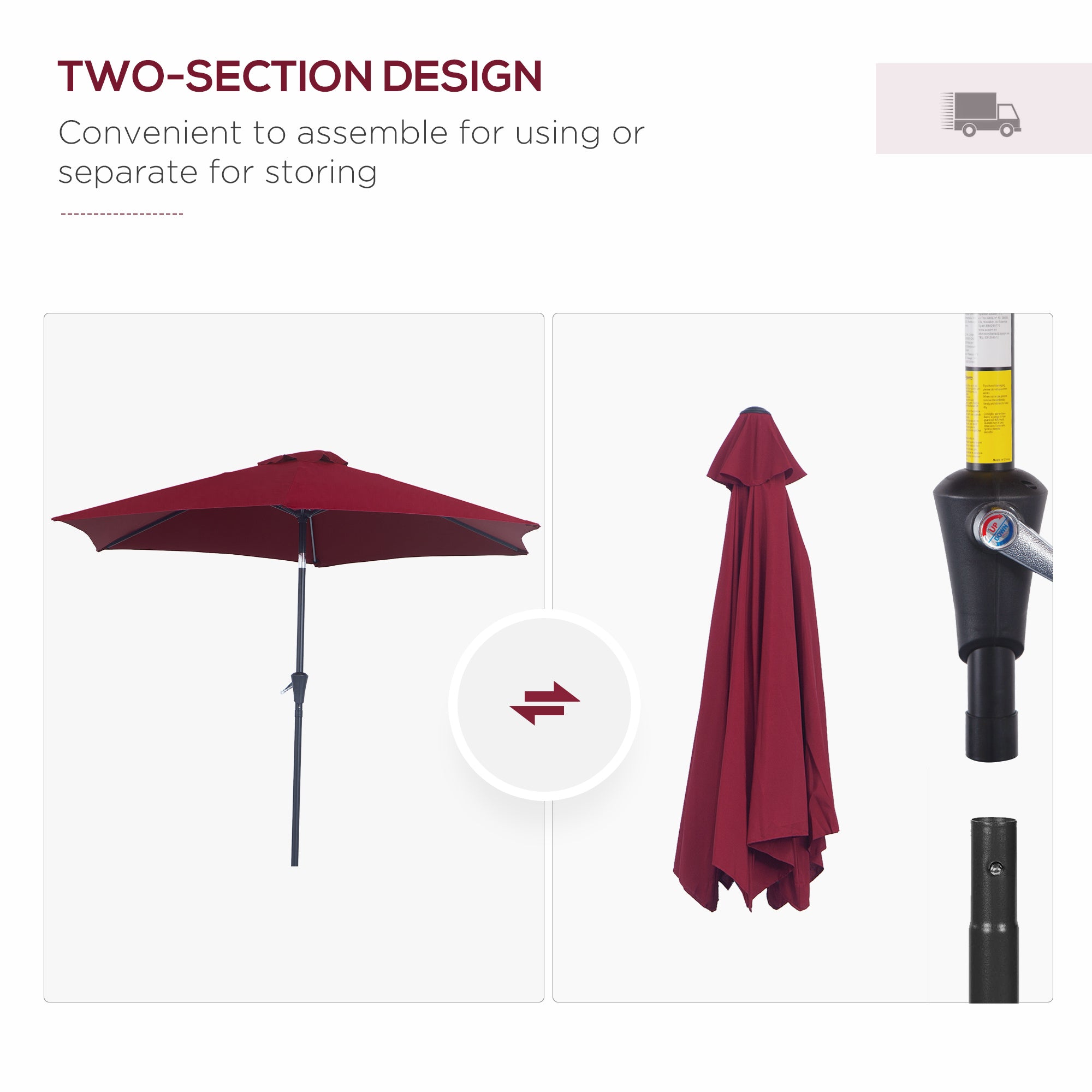 Outsunny Tilting Garden Parasol: Crank-Operated Sun Shade with Aluminium Frame, Wine Red, 2.7M