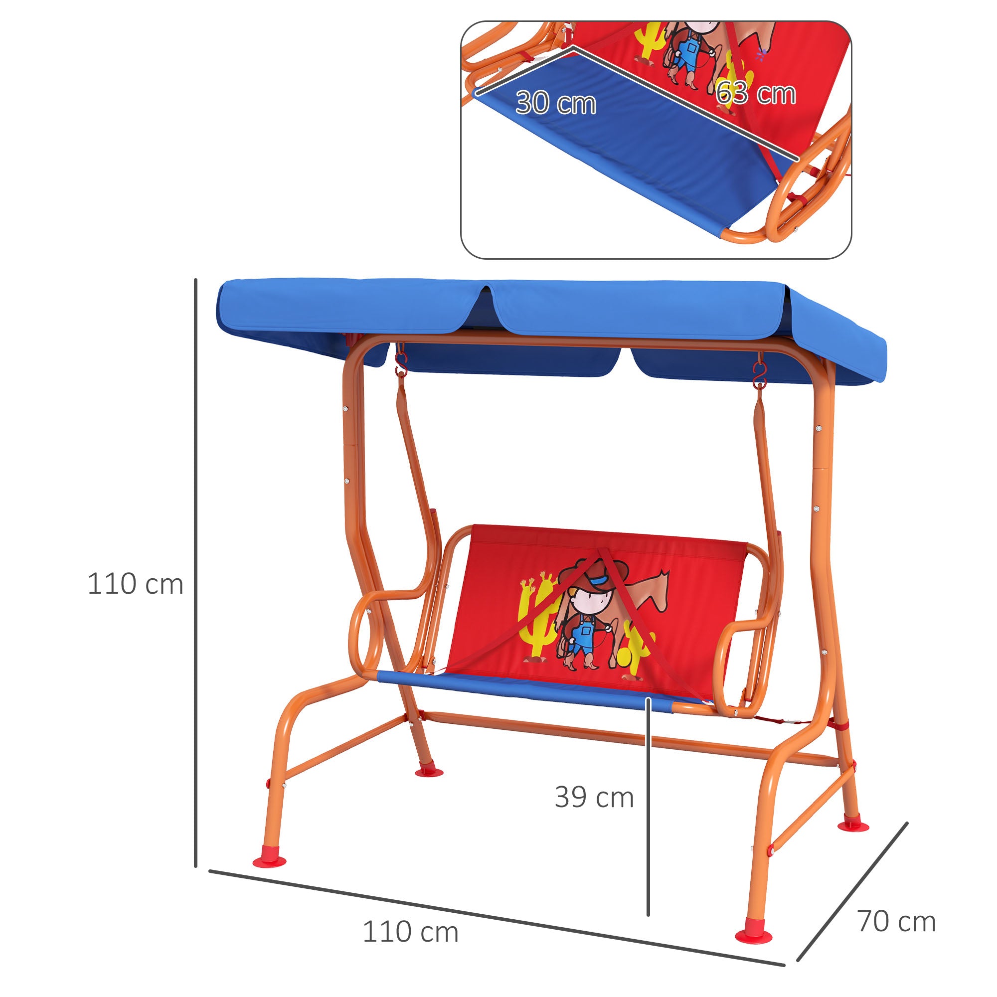 Outsunny Two Seater Kids Garden Swing, Cowboy Themed kids Swing Chair with Adjustable Canopy, Safety Belts for Outdoor Use - North Peak Garden Furniture