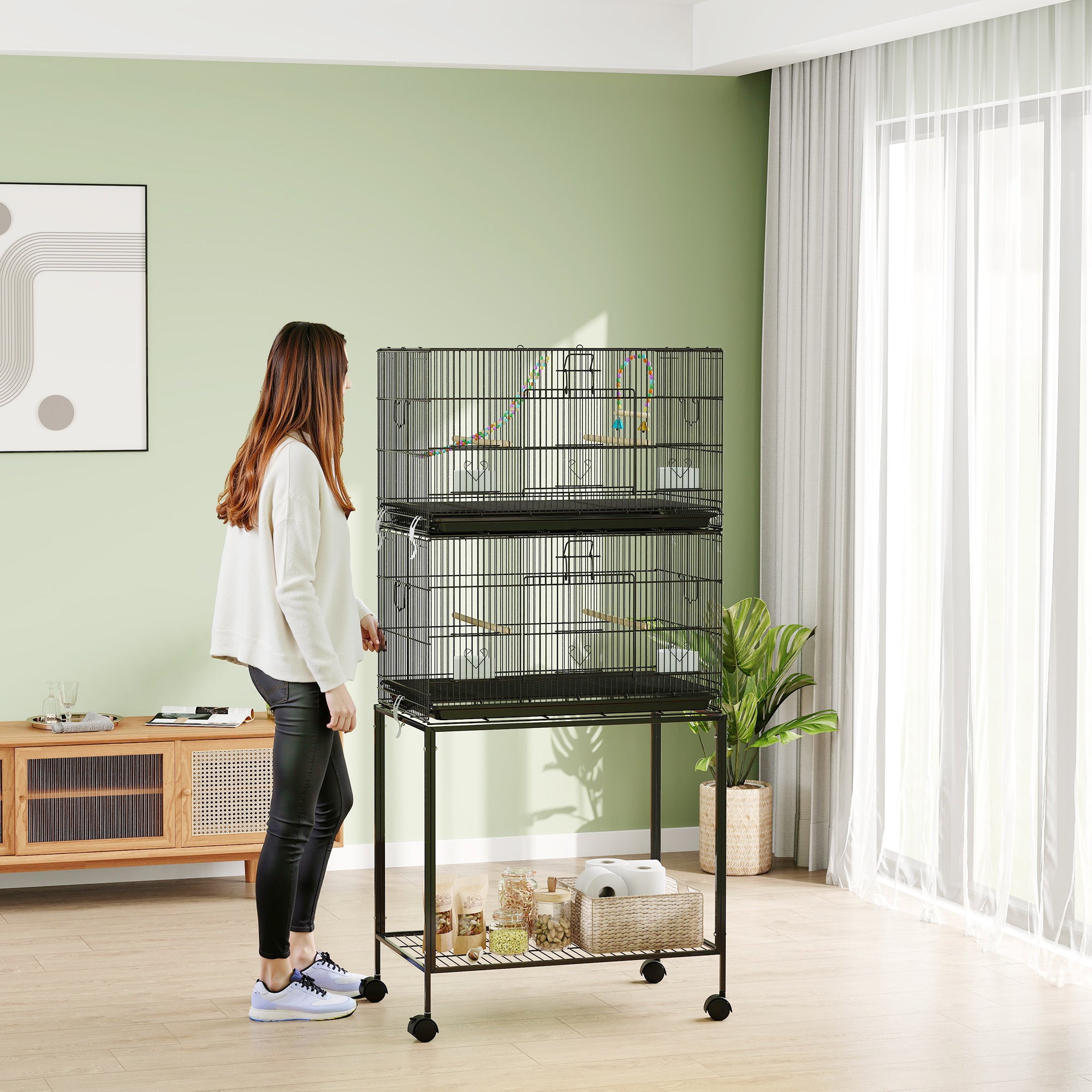 PawHut Two-Tier Bird Cage on Wheels, with Stand, for Small Birds - North Peak Garden Furniture