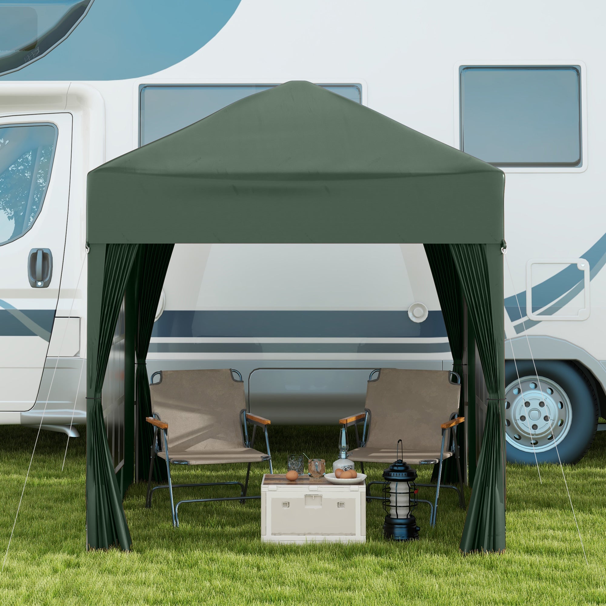 Outsunny 2 x 2 m Garden Pop Up Gazebo, Wedding Party Tent Marquee, Water Resistant Awning Canopy with Sidewalls, Windows, Carry Bag, Green - North Peak Garden Furniture