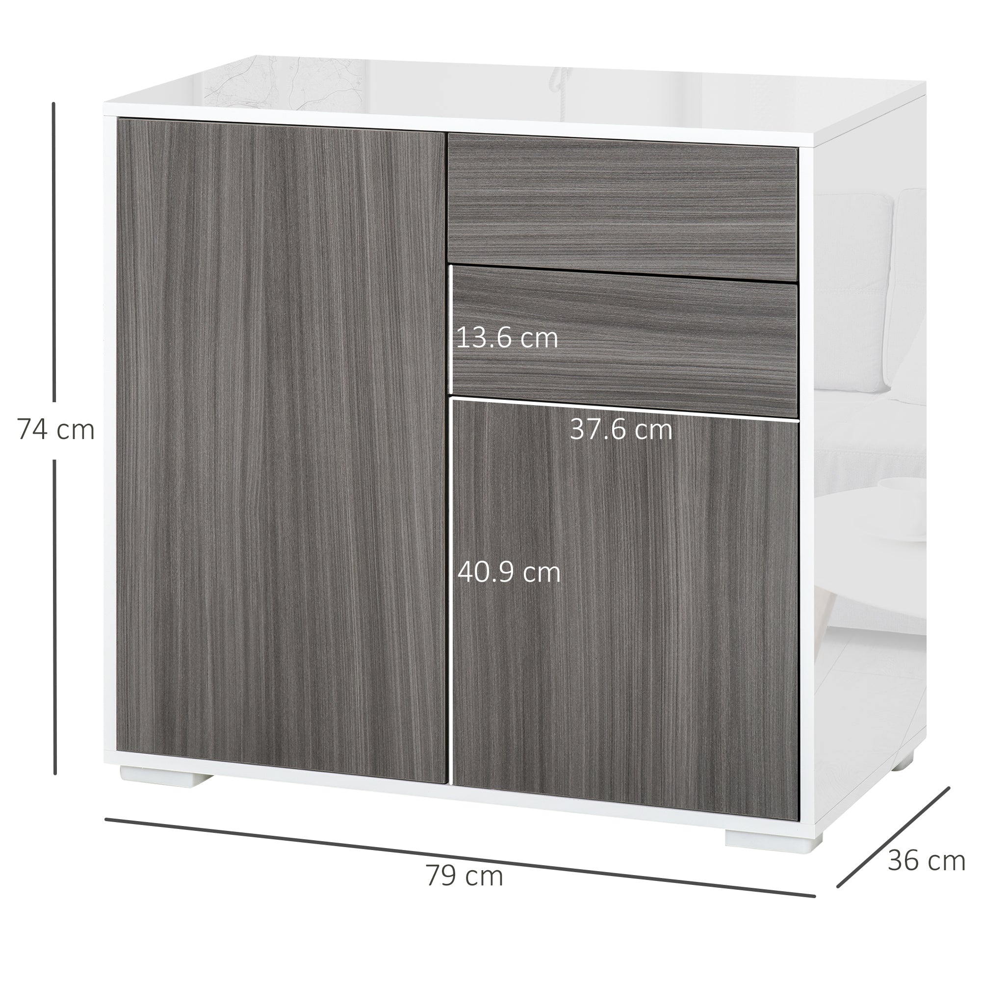 HOMCOM Contemporary Freestanding Kitchen Cabinet, Push-Open, 2 Drawer, 2 Door, Light Grey and White