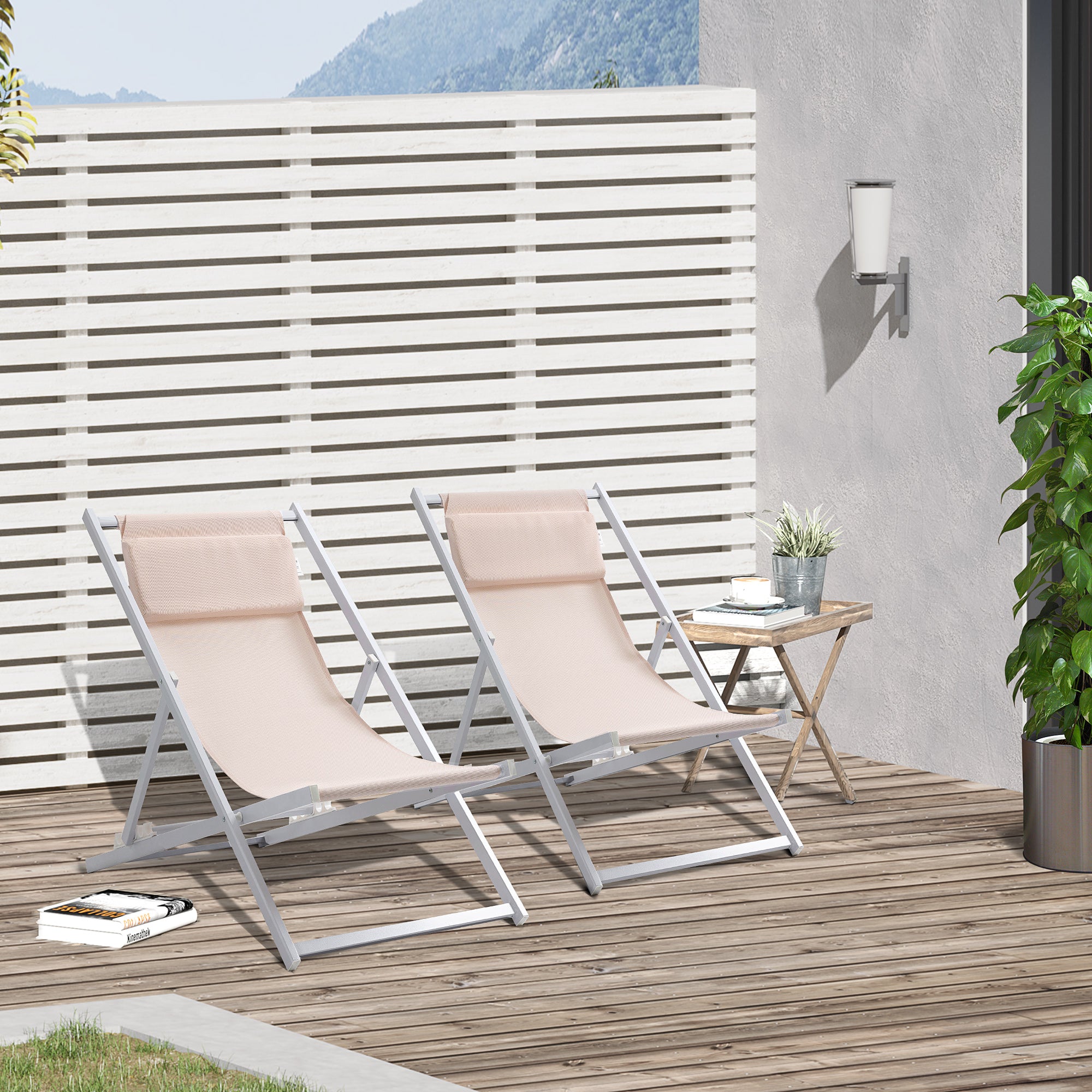 Outsunny Set of 2 Folding Garden Beach Aluminium Frame Deck Chairs Deckchairs Seaside Folding Garden Patio Lounger, Beige - North Peak Garden Furniture