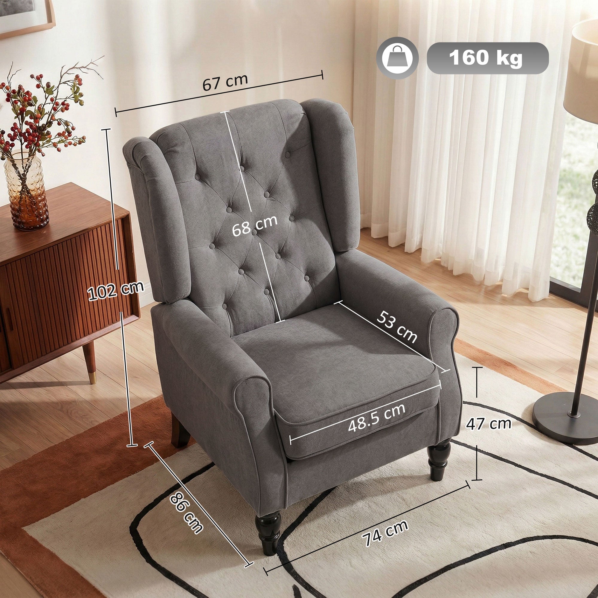 HOMCOM Retro Accent Chair, Wingback Armchair with Wood Frame Button Tufted Design for Living Room Bedroom, Dark Grey