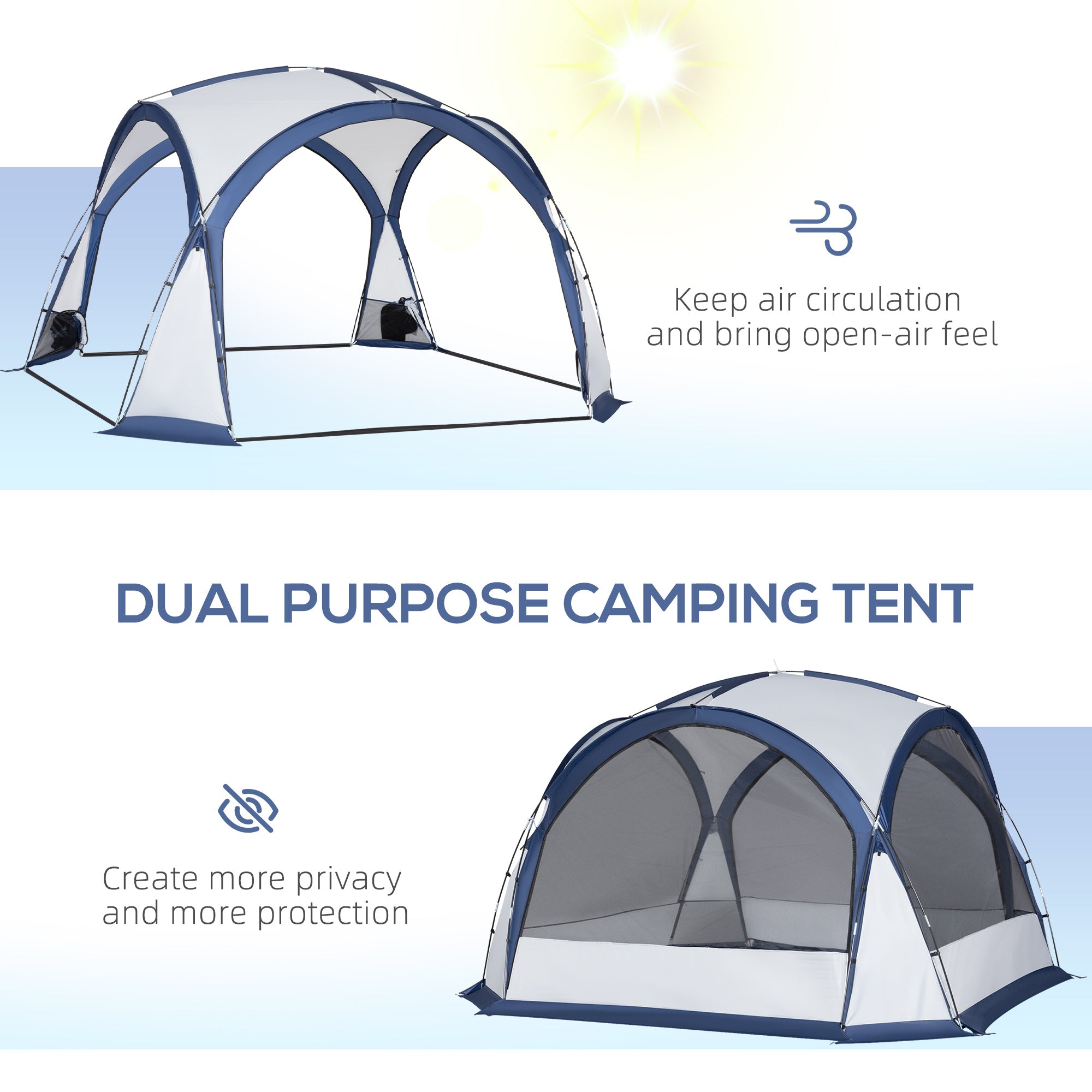 Outsunny Dome Tent for 6-8 Person, Camping Tent with 4 Zipped Mesh Doors, Removable Oxford Cloth, Lamp Hook, Portable Carry Bag, White and Blue - North Peak Garden Furniture