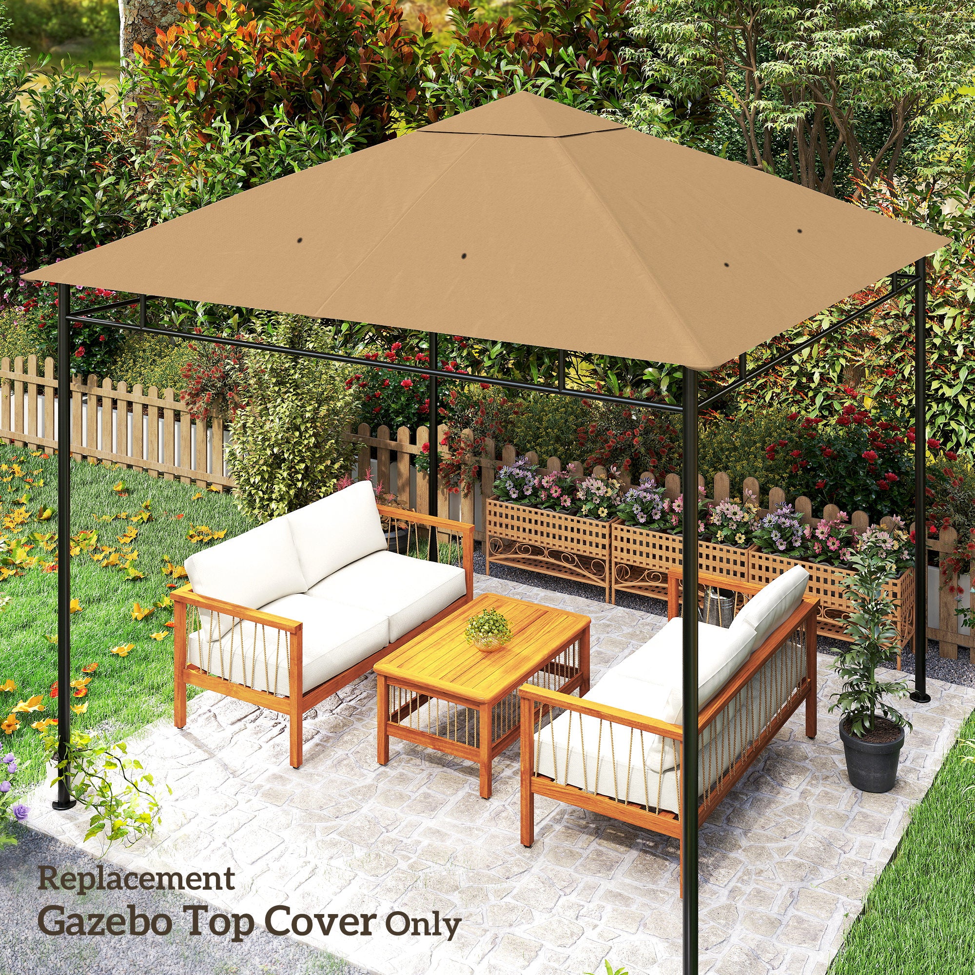 Outsunny 3 x 3 m Gazebo Canopy Replacement Cover, Garden Gazebo Roof Replacement with Drain Holes, TOP COVER ONLY, Beige
