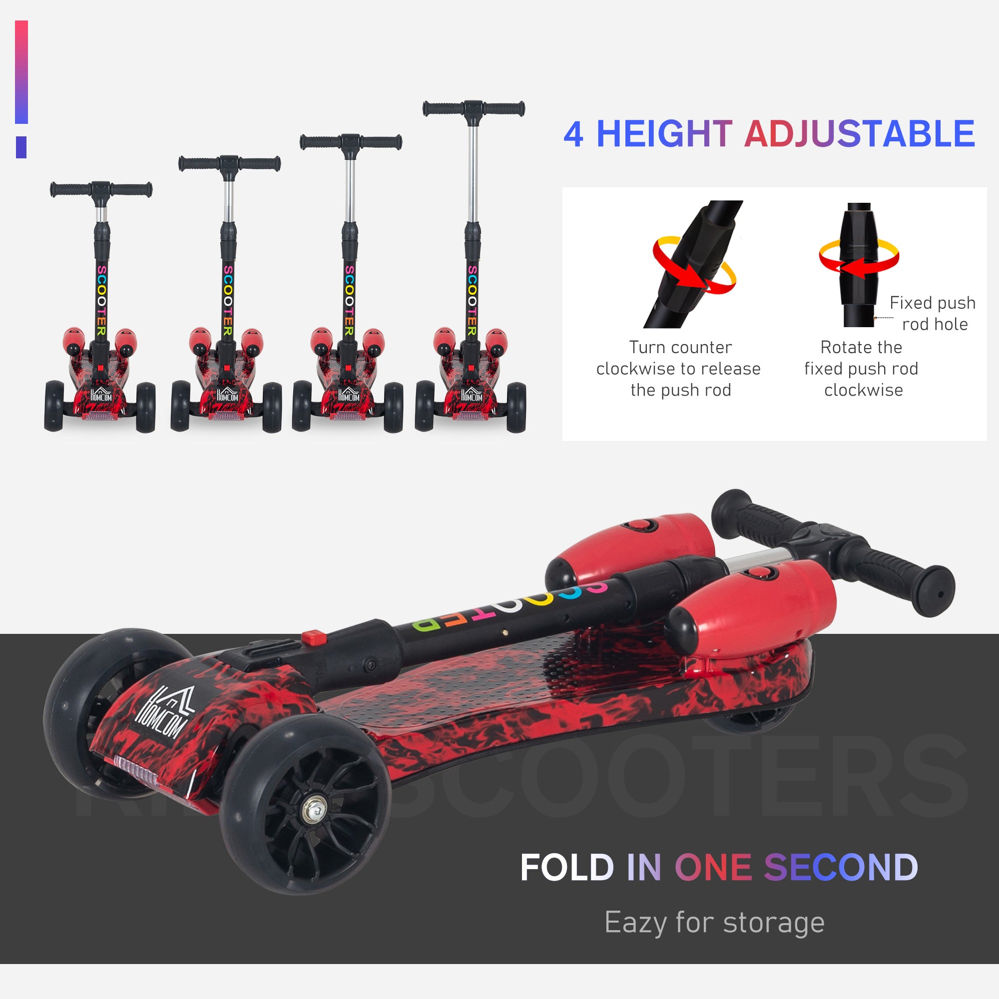 HOMCOM Scooter for Kids Toddler 3 Wheel Adjustable Height w/ Flashing Wheels Music Water Spray Foldable Kick Scooter for Boys and Girls 3 - 6 Yrs Red