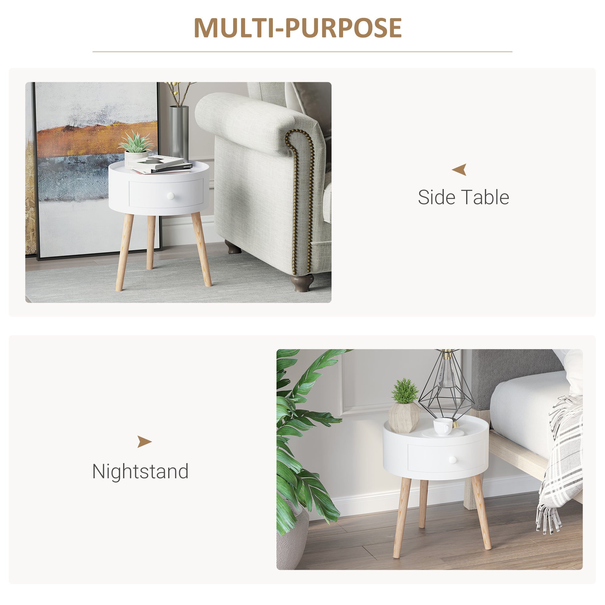 HOMCOM Modern Side Table, Small Coffee Table, Round Bedside Table with Drawer and Wood Legs for Living Room, Bedroom, Set of 2, White - North Peak Garden Furniture