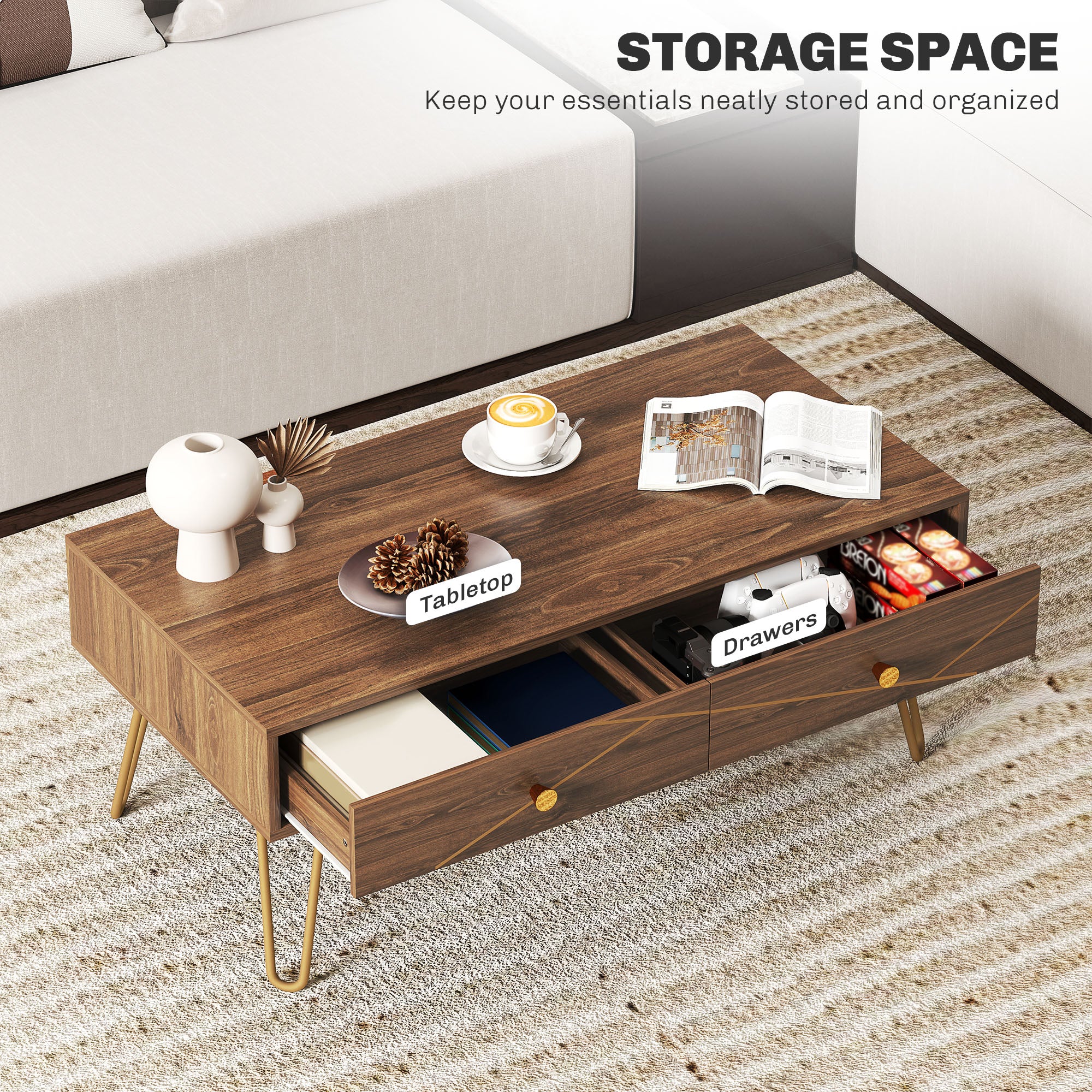 HOMCOM Coffee Table with Storage, Living Room Table with Drawers, Rectangular Tea Table with Steel Base for Home, 100 x 50 x 41 cm, Brown - North Peak Garden Furniture
