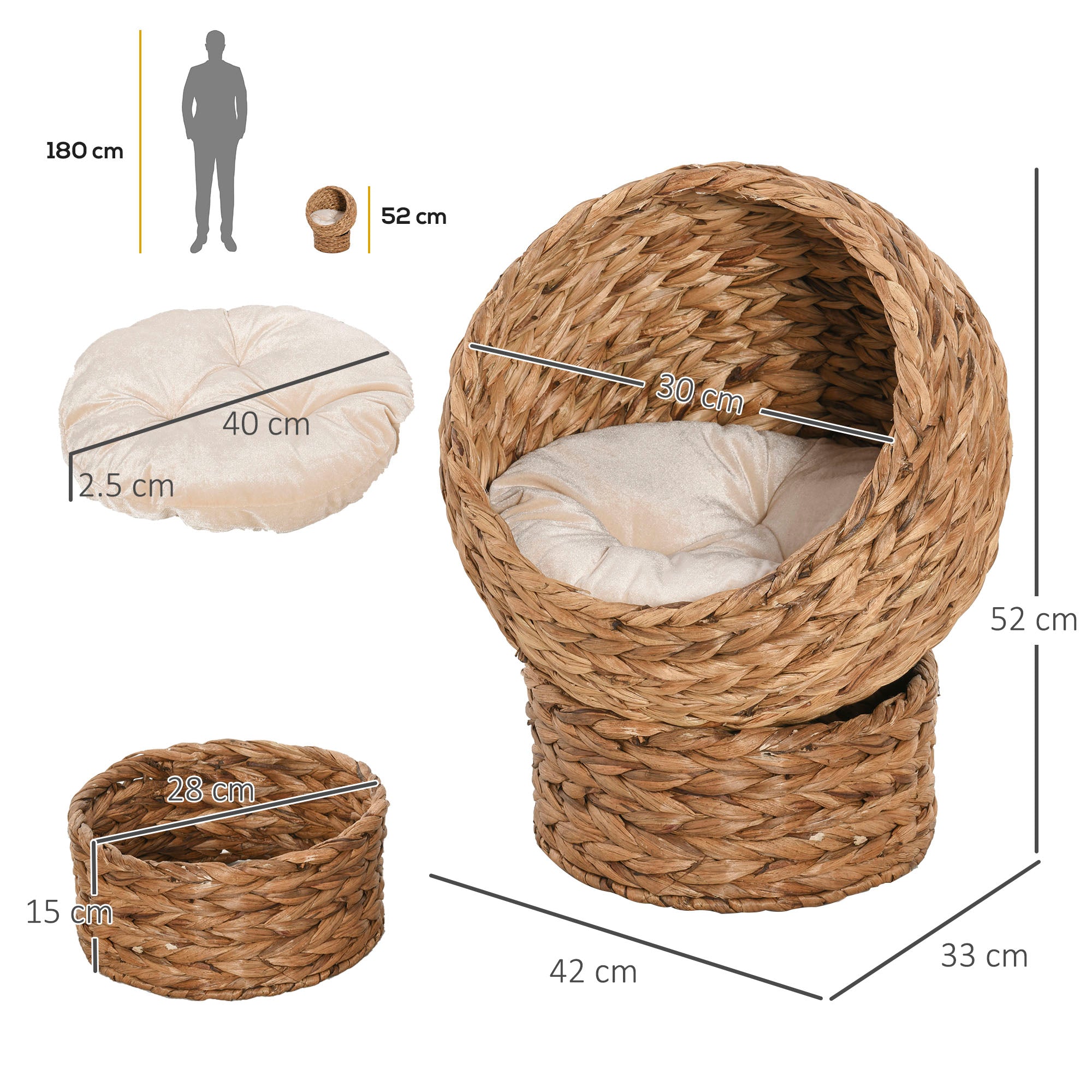 PawHut Wicker Cat Bed, Raised Rattan Cat Basket with Cylindrical Base, Soft Washable Cushion, 42 x 33 x 52cm - Brown