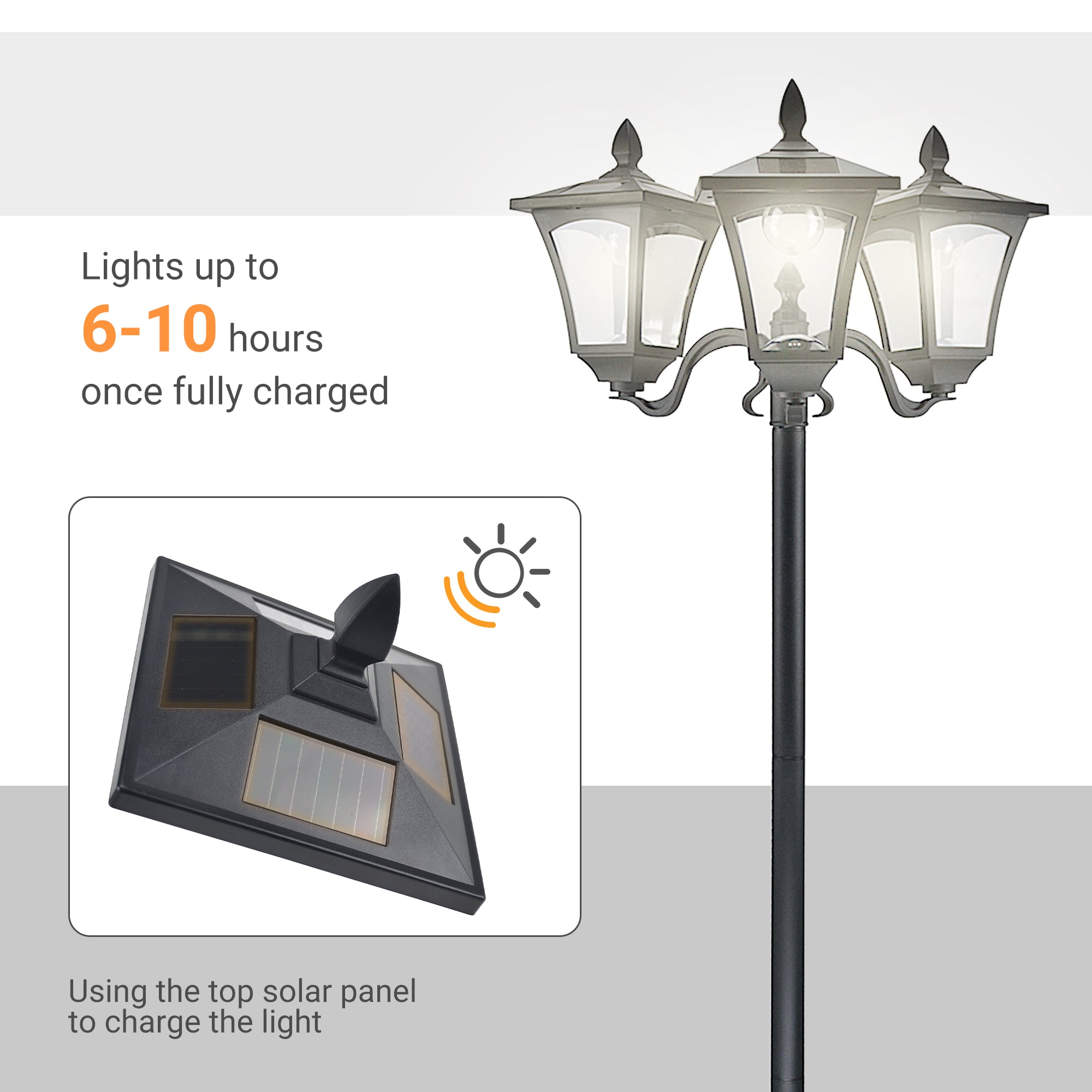 Outsunny 1.8m Traditional Victorian Style 3 Way Head Outdoor Garden Solar Post Lamp Sensor Dimmable LED Lantern Bollard Pathway IP44 – Black - North Peak Garden Furniture