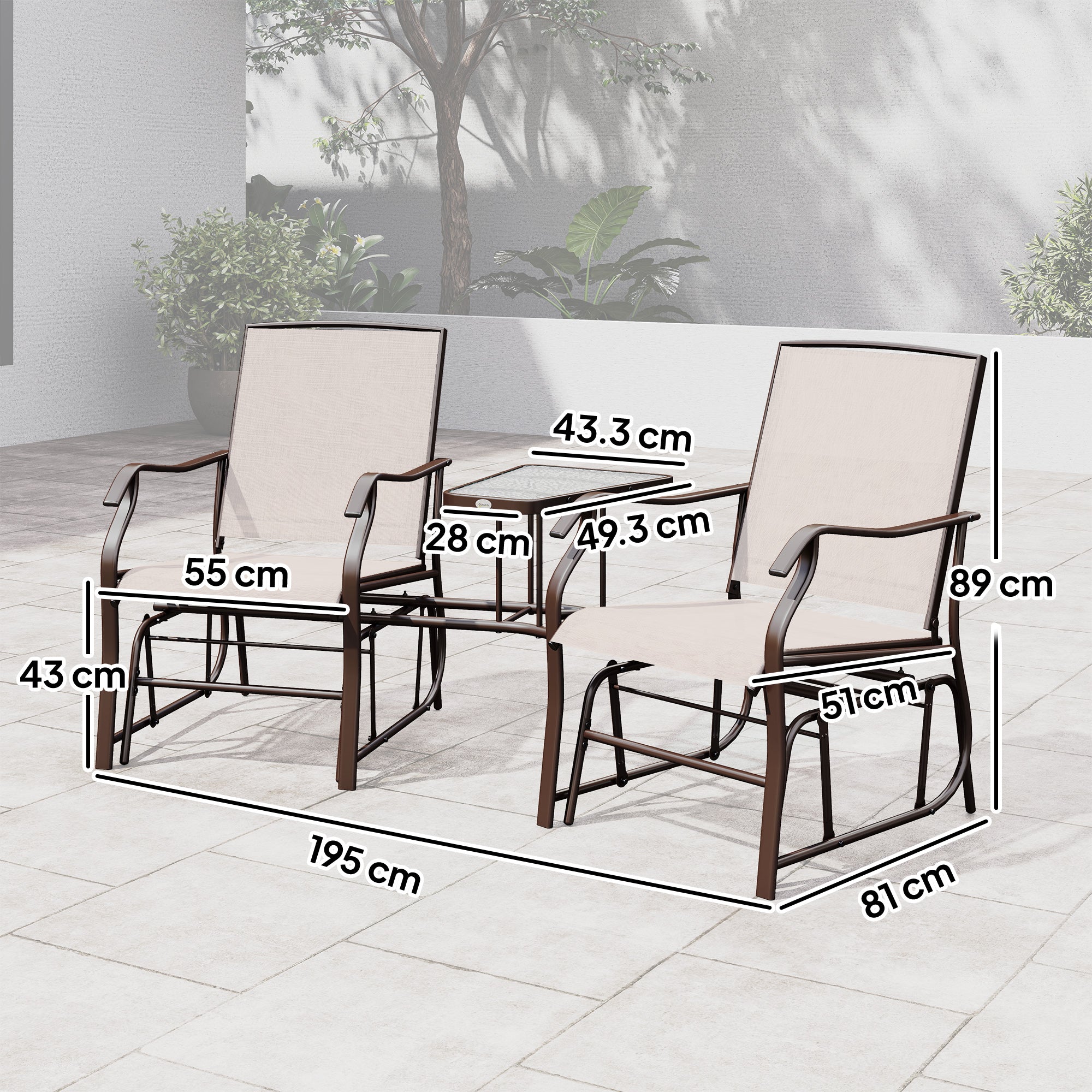 Outsunny Gliding Jack and Jill Seat, with Glass-Top Table - Brown/Beige