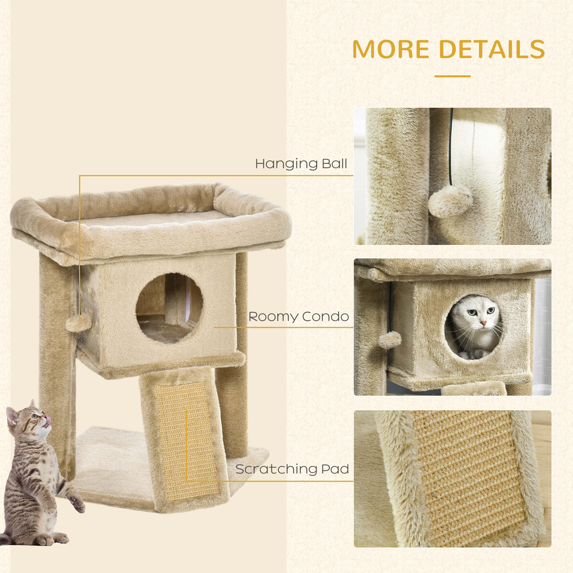 PawHut Cat Tree Tower for Indoor Cats Cat Scratching Post Climbing Activity Centre w/Jute Scratching Pad, Toy Ball, Cat House - Coffee